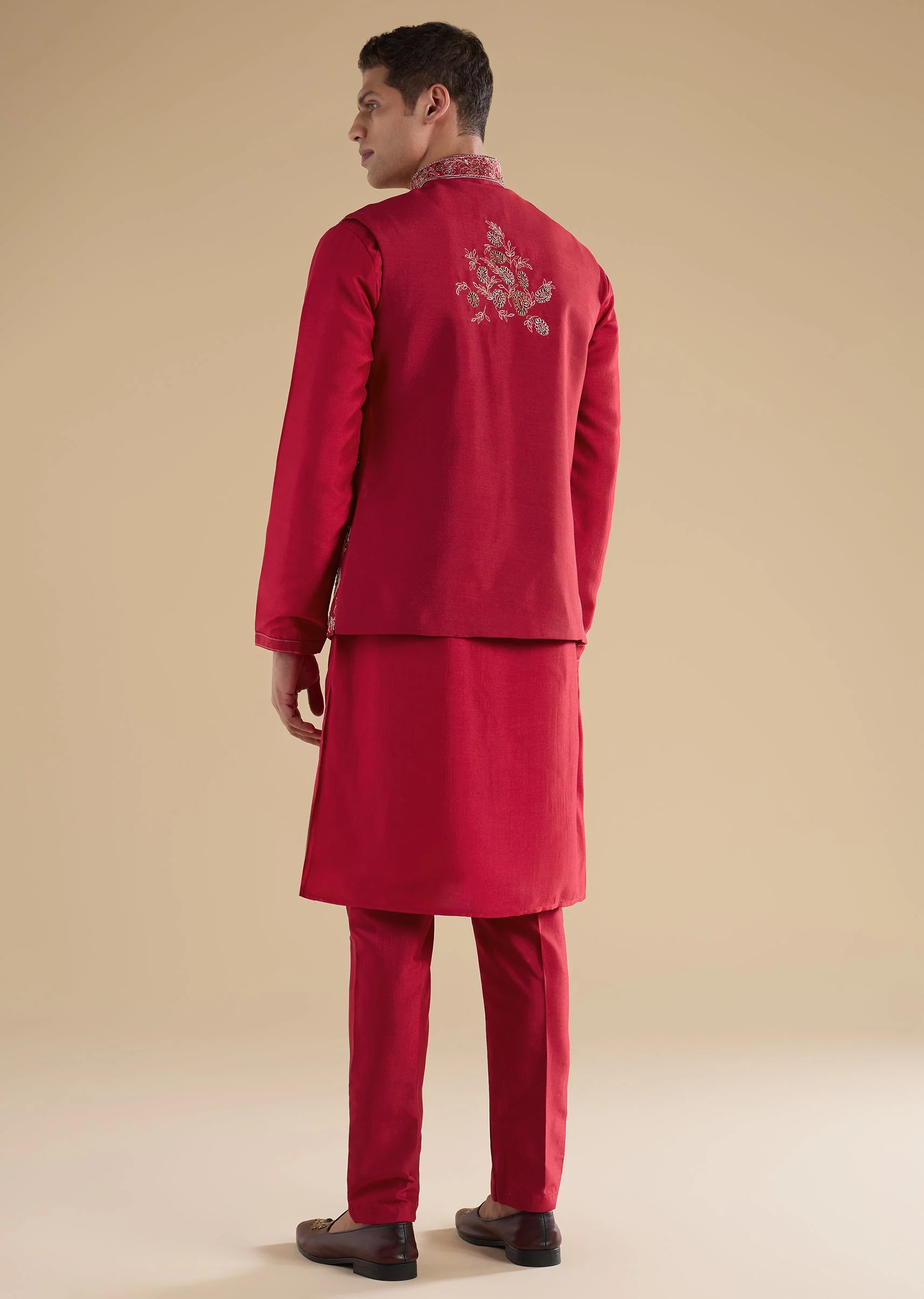 Red Embroidered Silk Kurta Jacket Set - Image 5