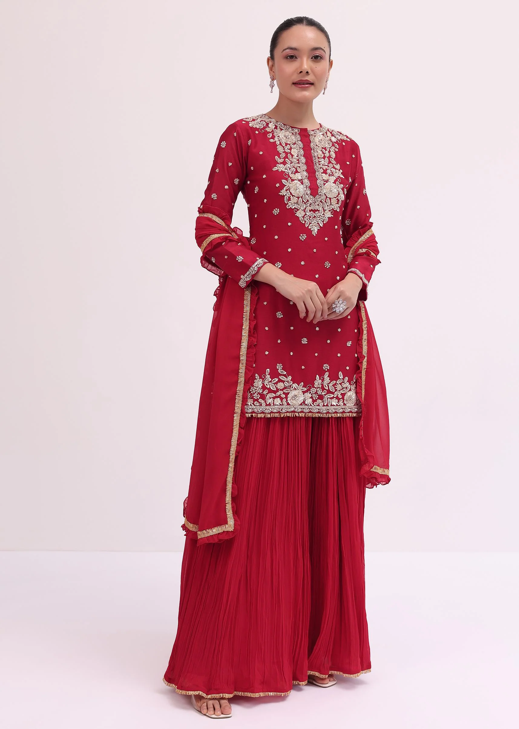 Red Embroidered Silk Kurta Palazzo Set - Image 3