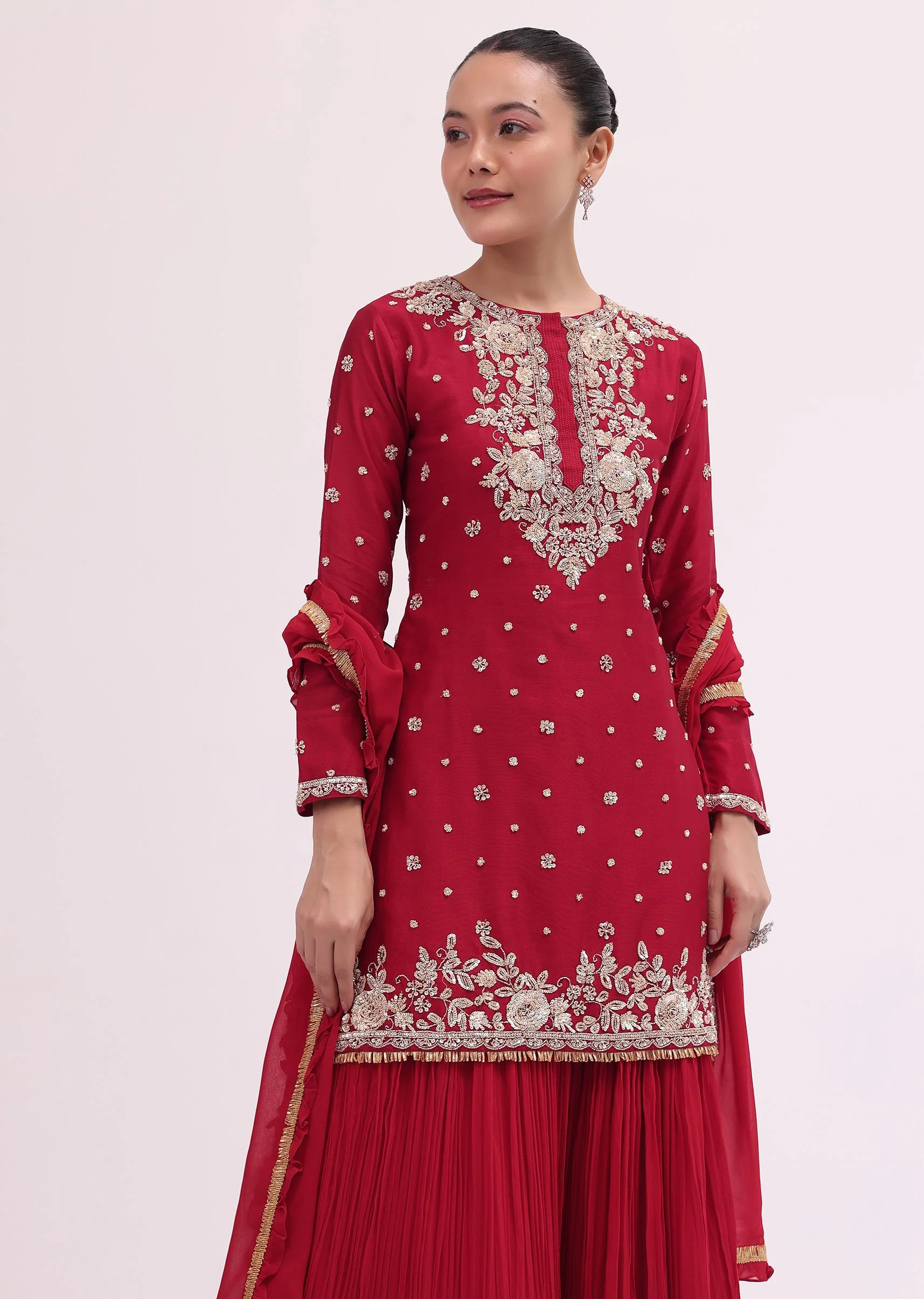Red Embroidered Silk Kurta Palazzo Set - Image 4