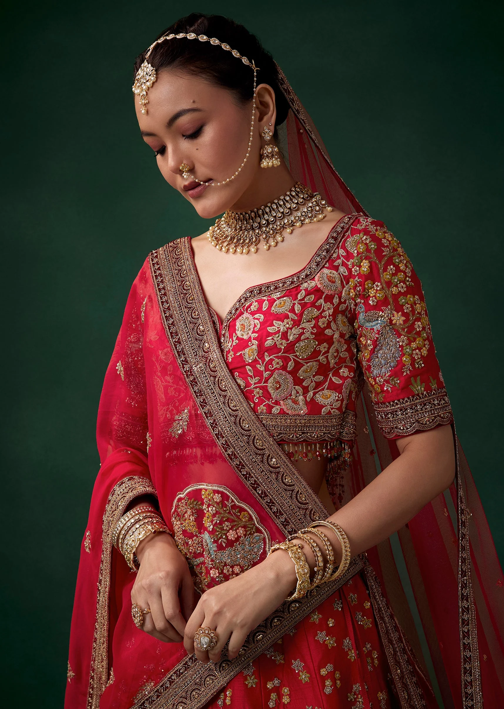 Red Floral Motif Embroidered Bridal Lehenga Sets - Image 3