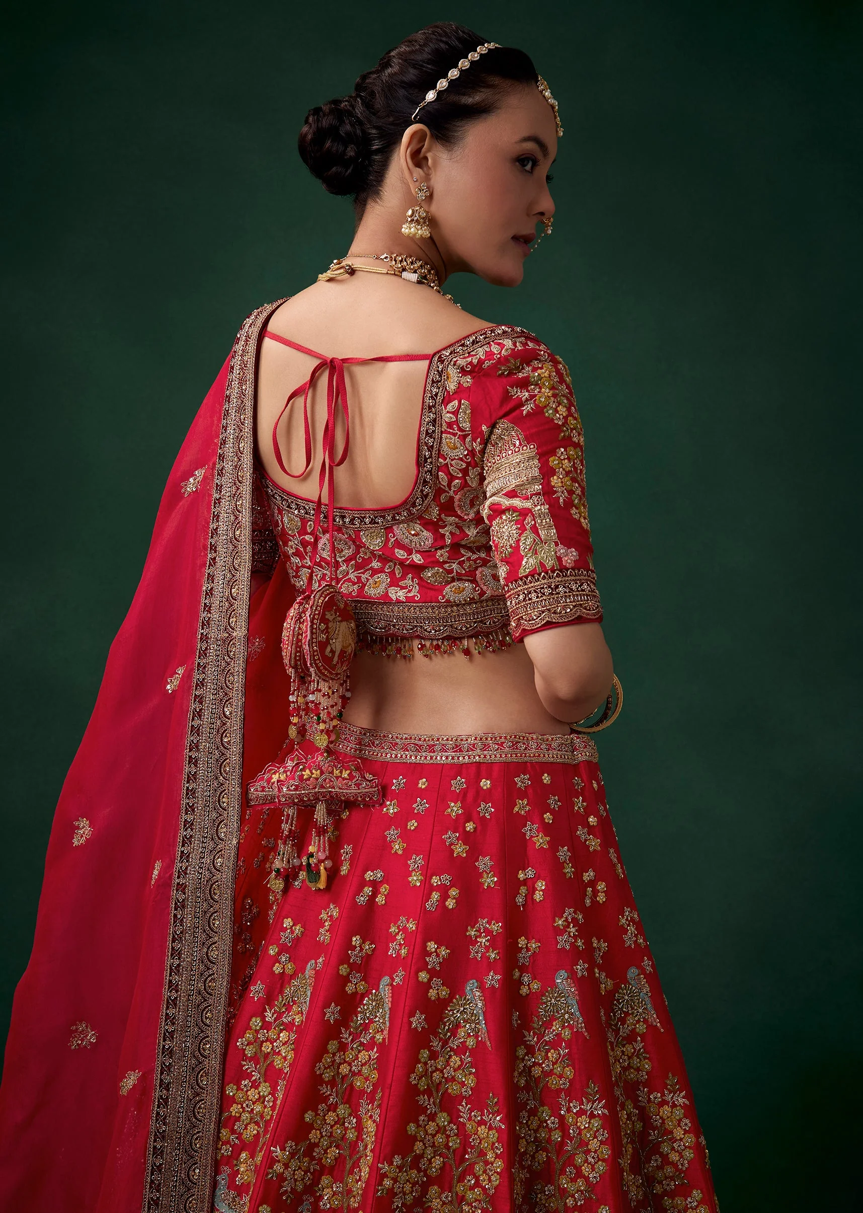 Red Floral Motif Embroidered Bridal Lehenga Sets - Image 5