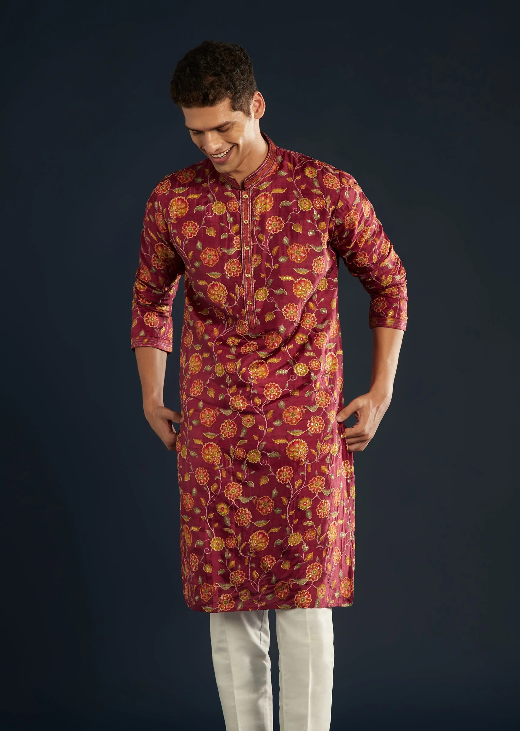 Red Floral Print Silk Kurta Set with Resham Work - Image 3