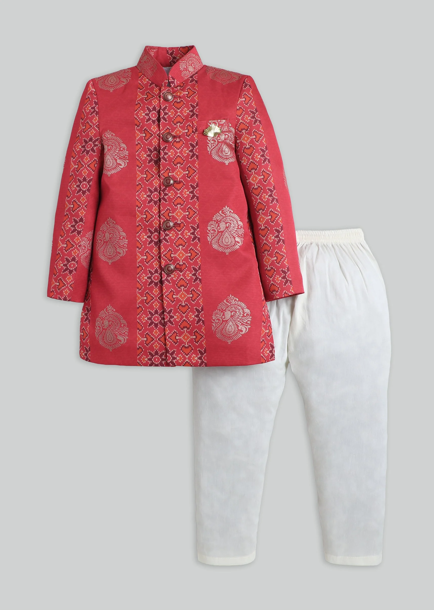 Red Foil Printed Kurta Set For Boys
