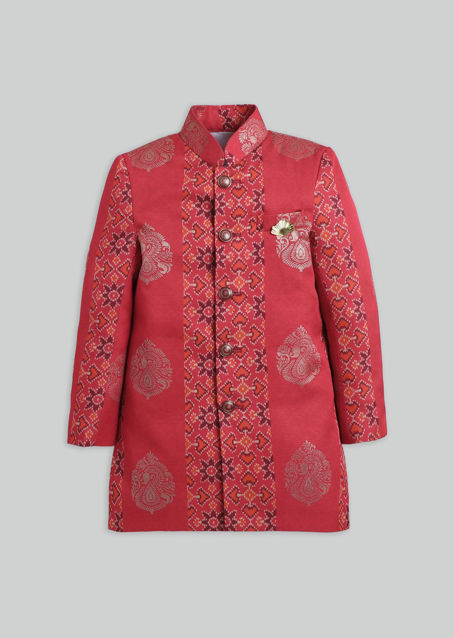 Red Foil Printed Kurta Set For Boys - Image 2