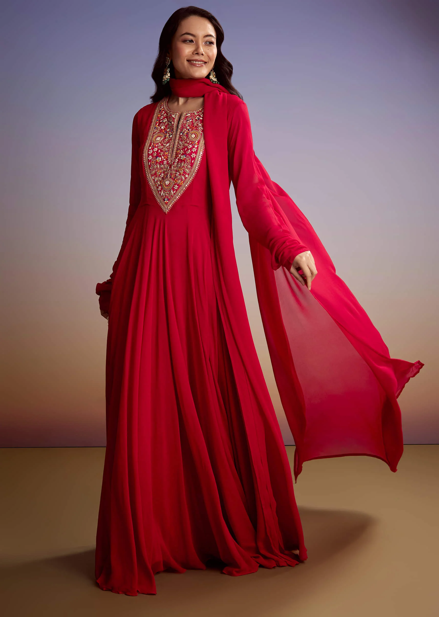 Red Georgette Anarkali Suit With Zari And Sequins Work - Image 3