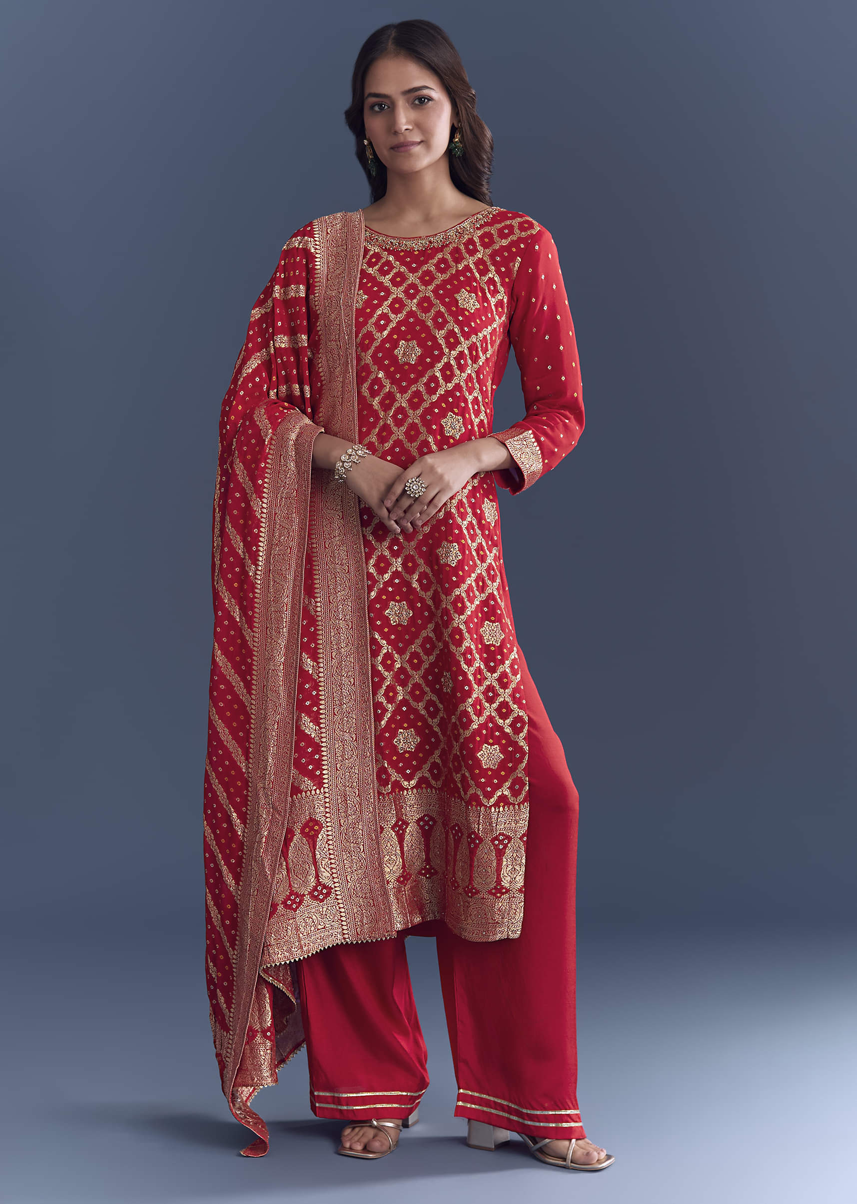 Red Georgette Kurta Set With Bandhani Print And Jacquard Weave - Image 3