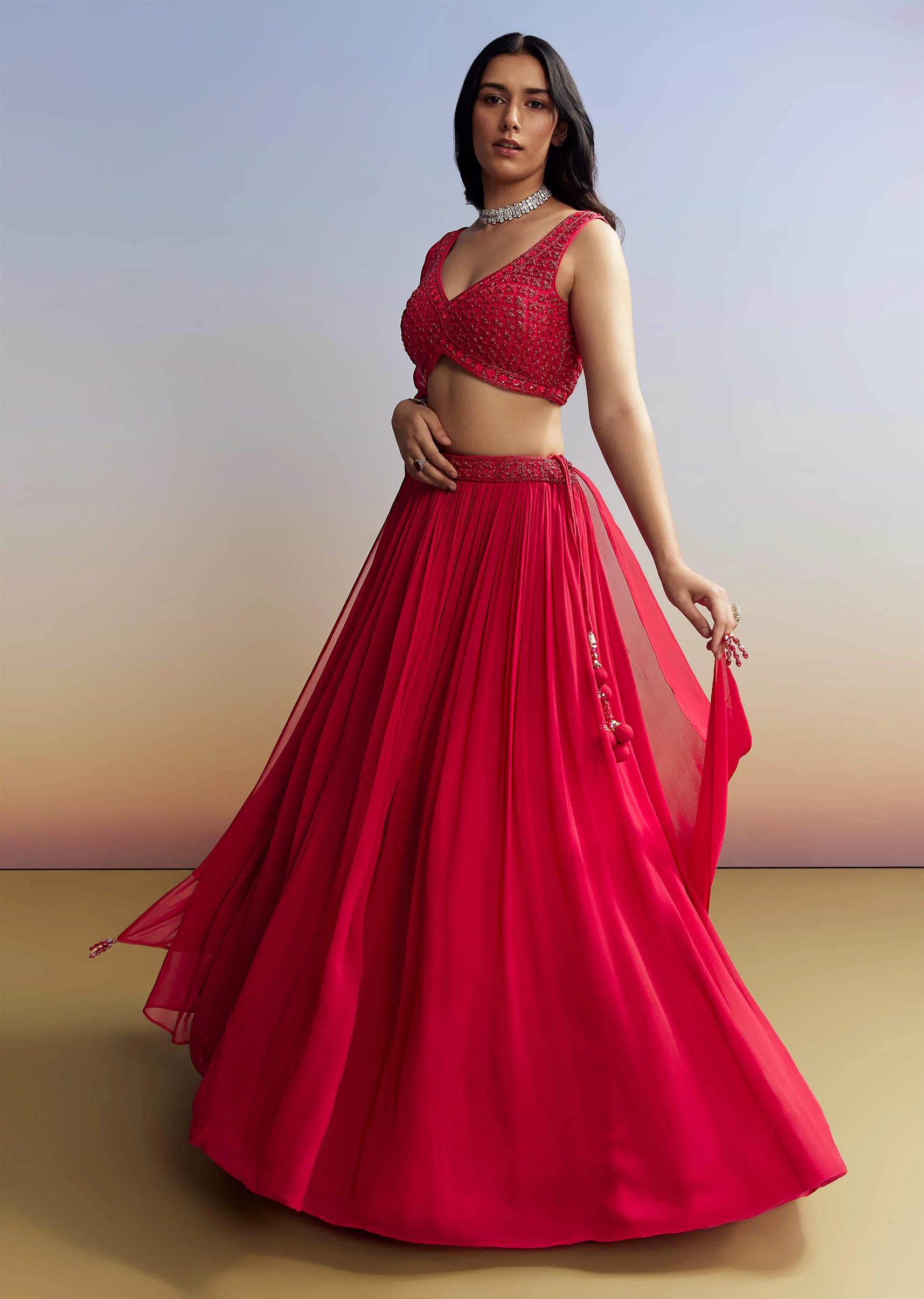 Red Georgette Lehenga with Cut Dana Choli - Image 3