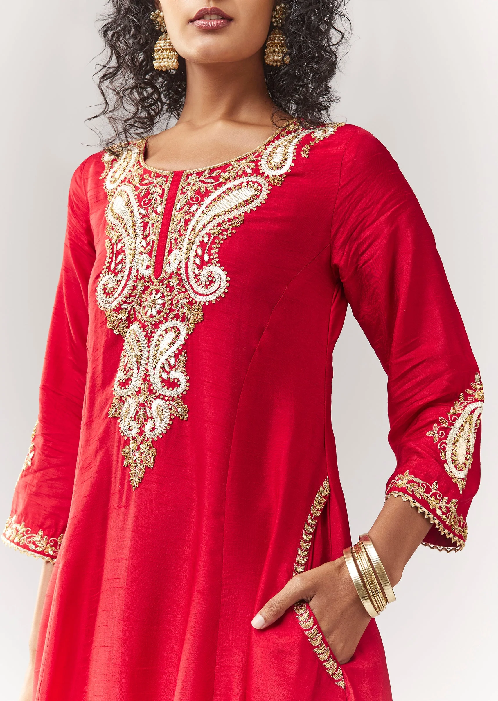 Red Gotta And Sequin Work Anarkali With Pant - Image 2