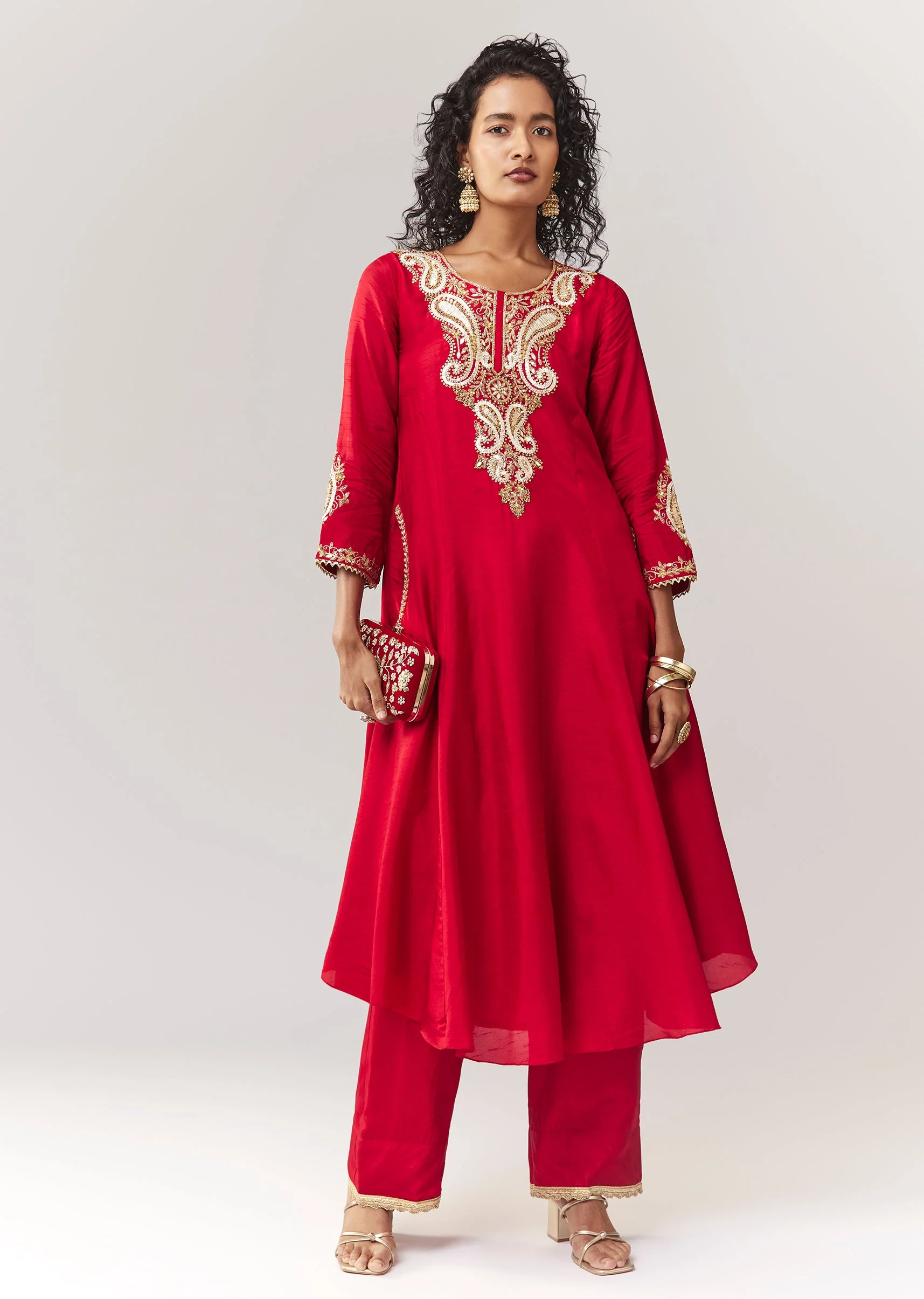 Red Gotta And Sequin Work Anarkali With Pant - Image 3