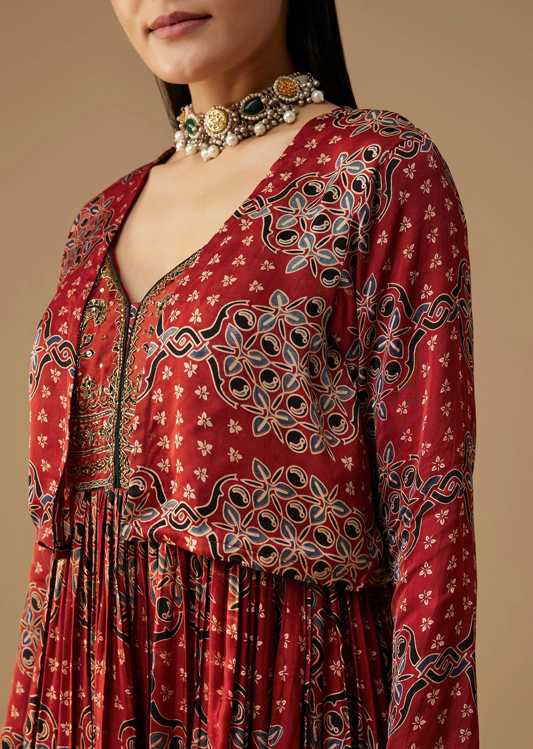 Red Hand Dyed Ajrakh Gown with Jacket and Scarf - Image 2