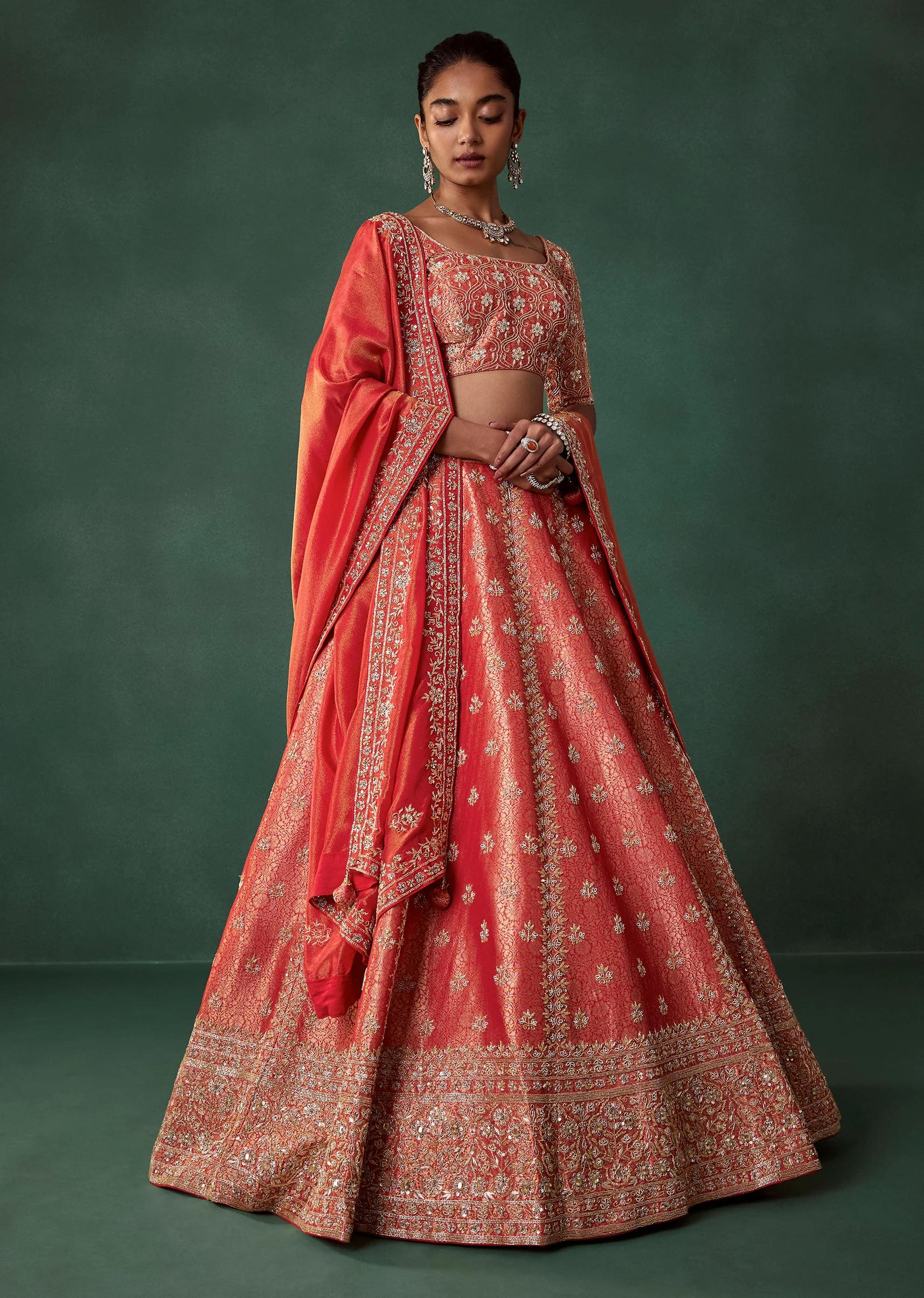 Red Hand Embroidered Brocade Silk Bridal Lehenga Set - Image 4