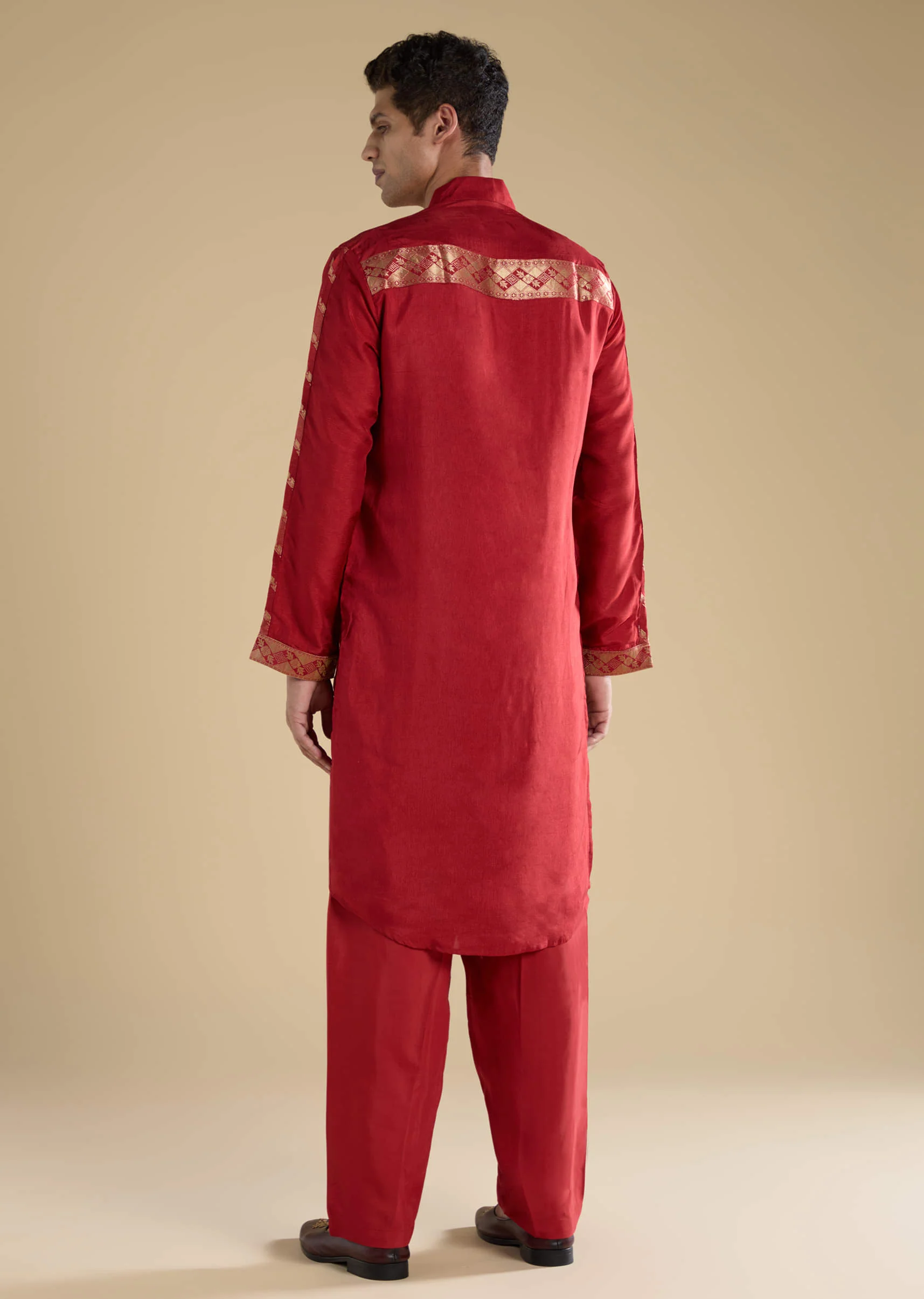 Red Handwoven Jacquard Silk Mens Kurta Set - Image 5