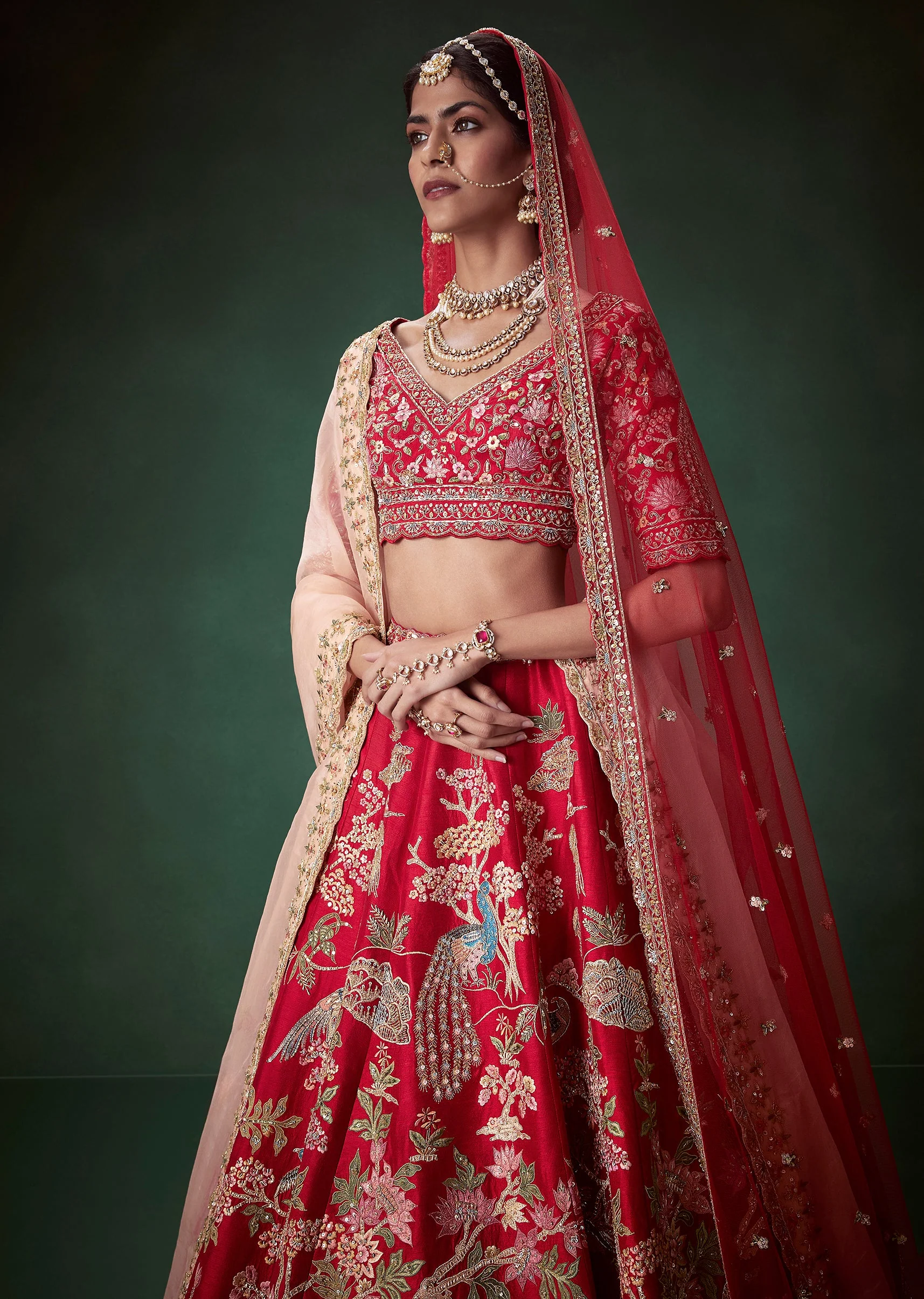 Red Heavy Butti Embellished Bridal Lehenga Set - Image 5