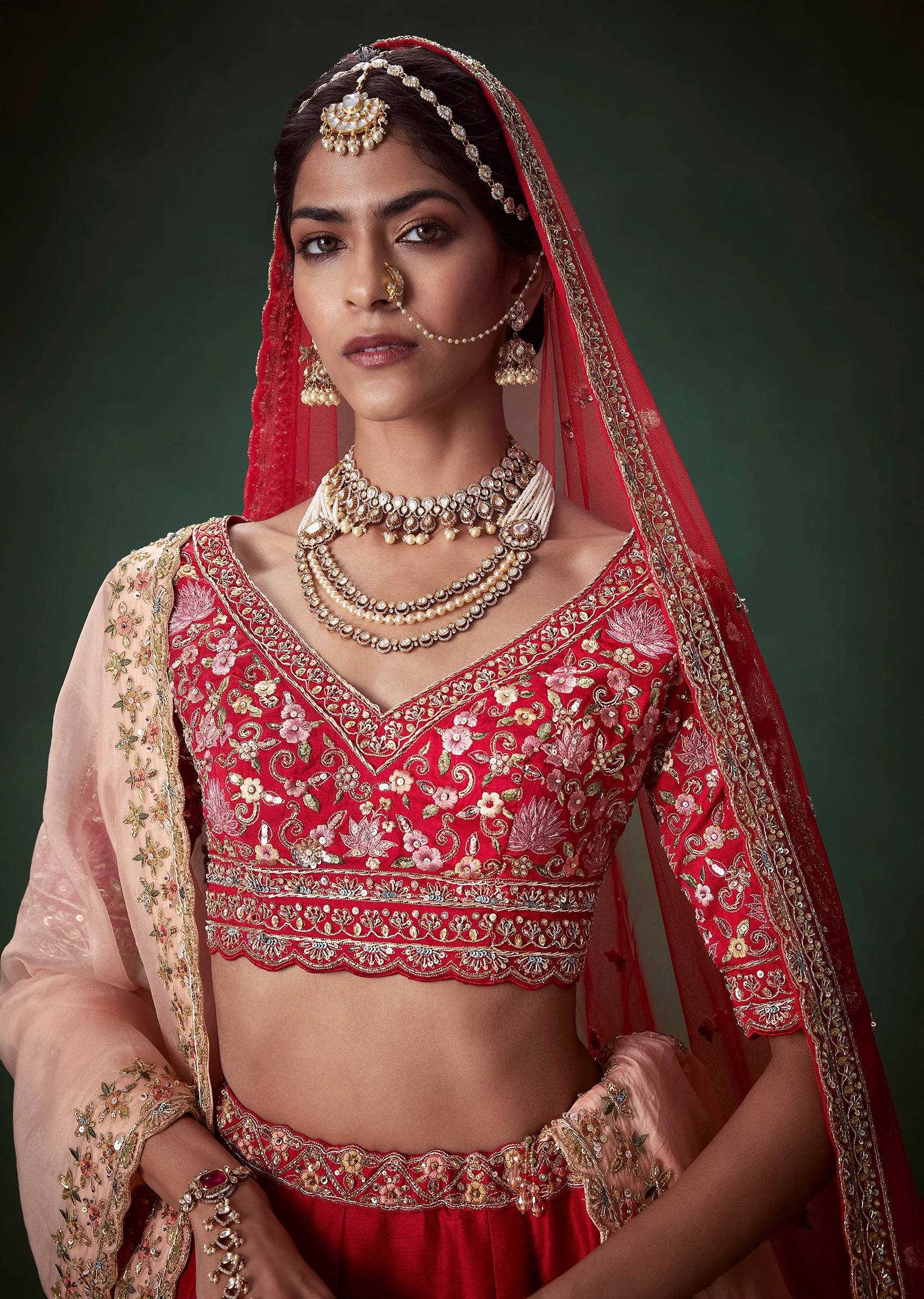 Red Heavy Butti Embellished Bridal Lehenga Set - Image 7