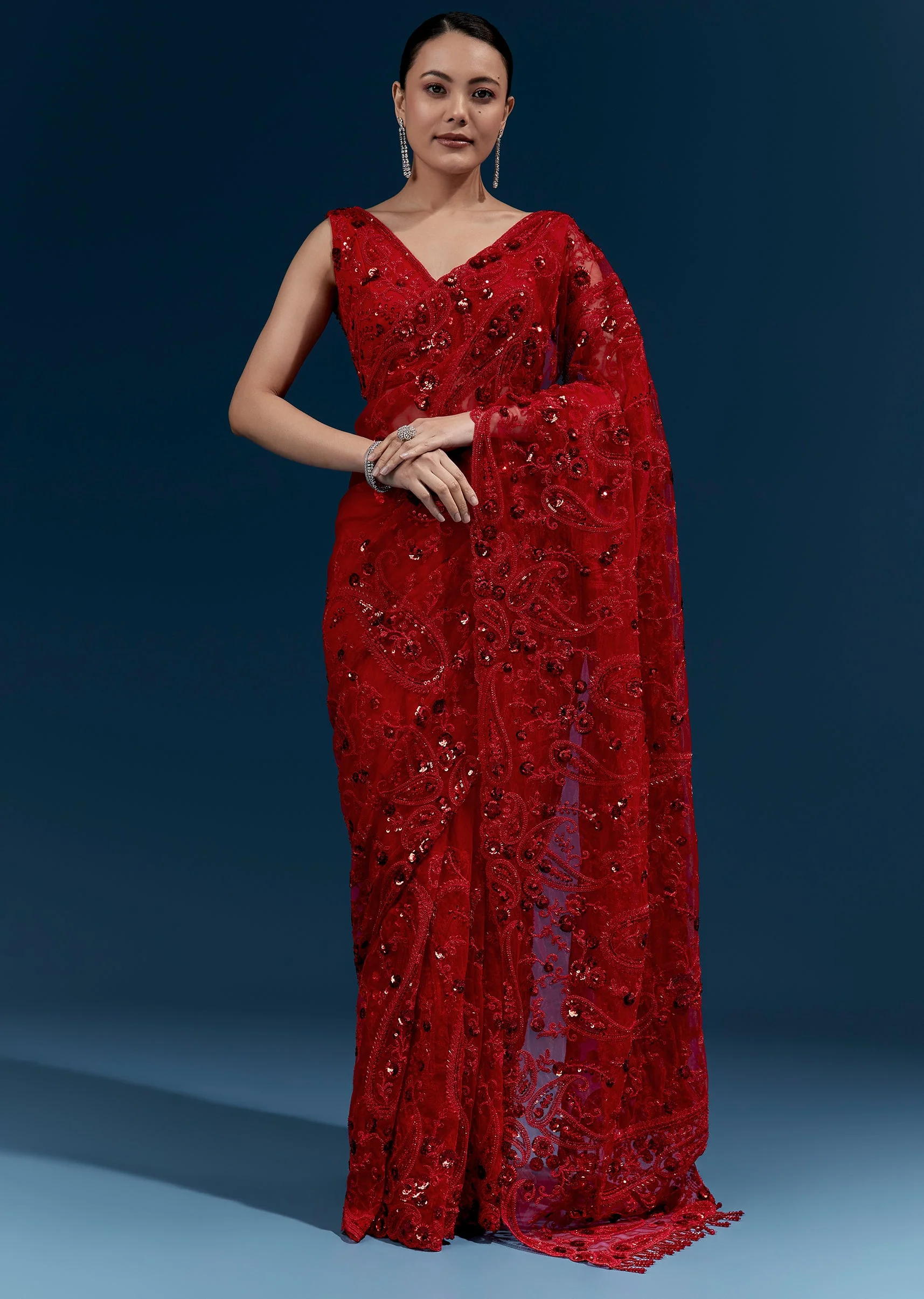 Red Heavy Embroidered Net Saree With Floral Work And Tasselled Pallu