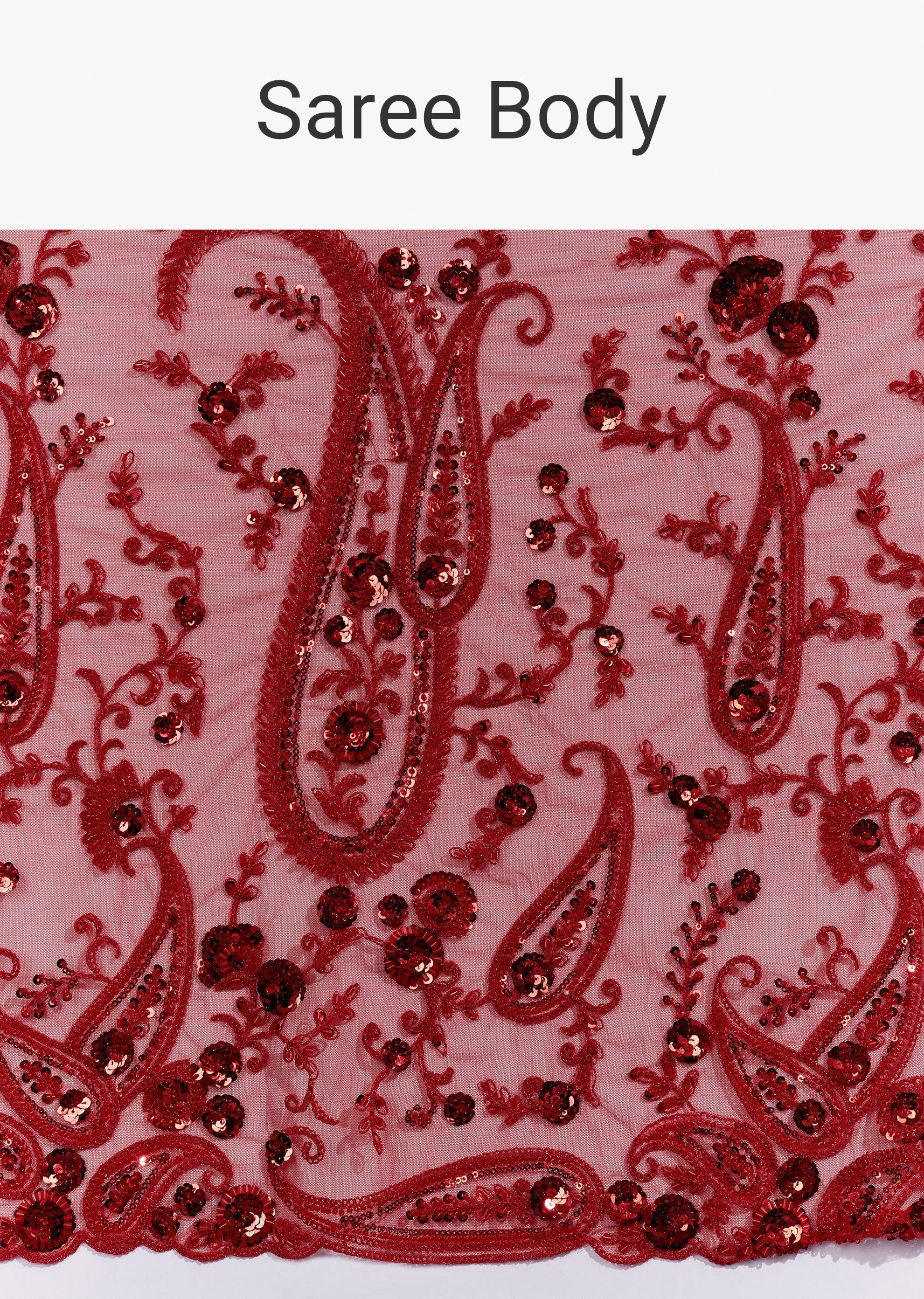 Red Heavy Embroidered Net Saree With Floral Work And Tasselled Pallu - Image 9