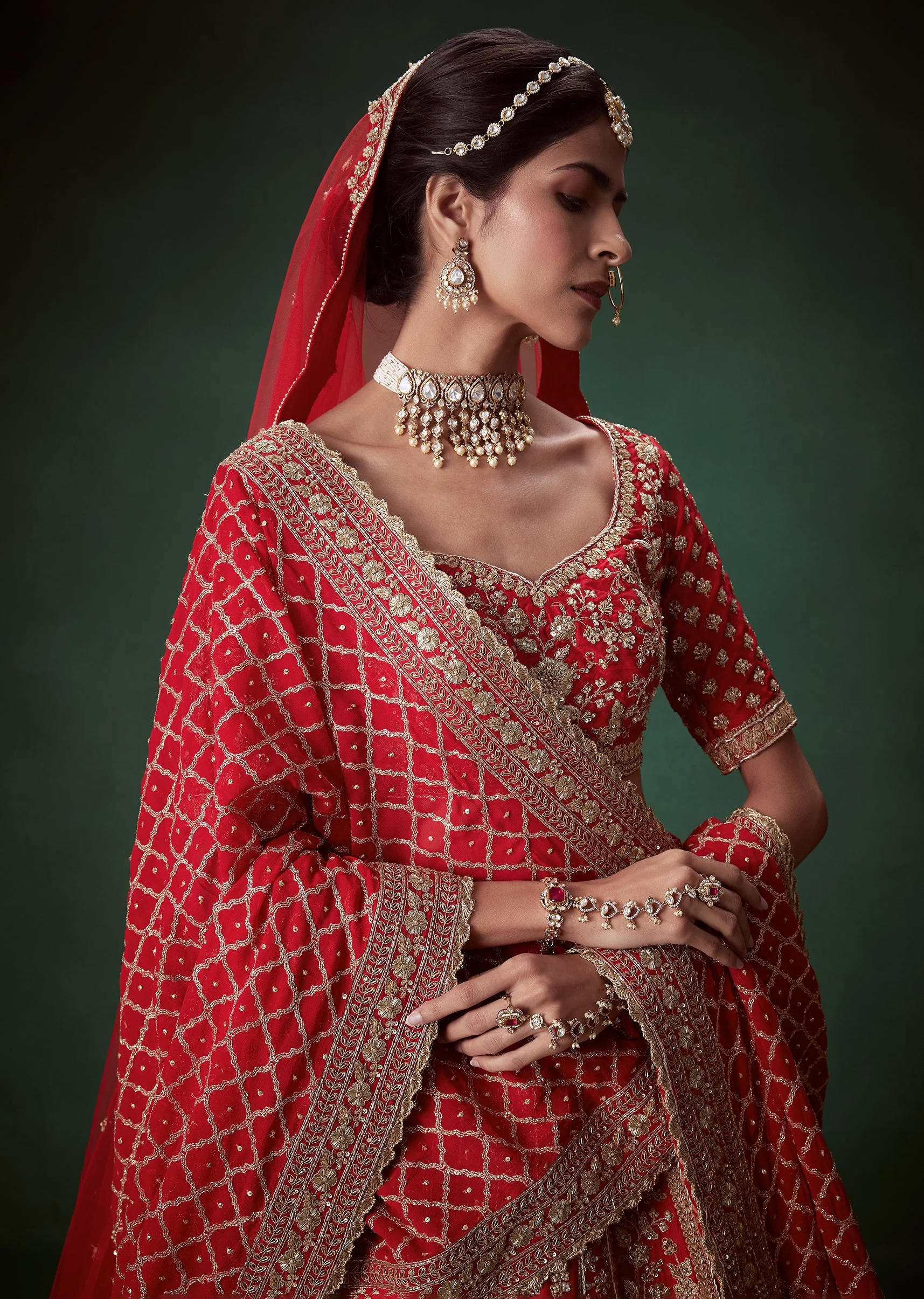 Red Heavy Zari Embellished Bridal Lehenga Set - Image 3