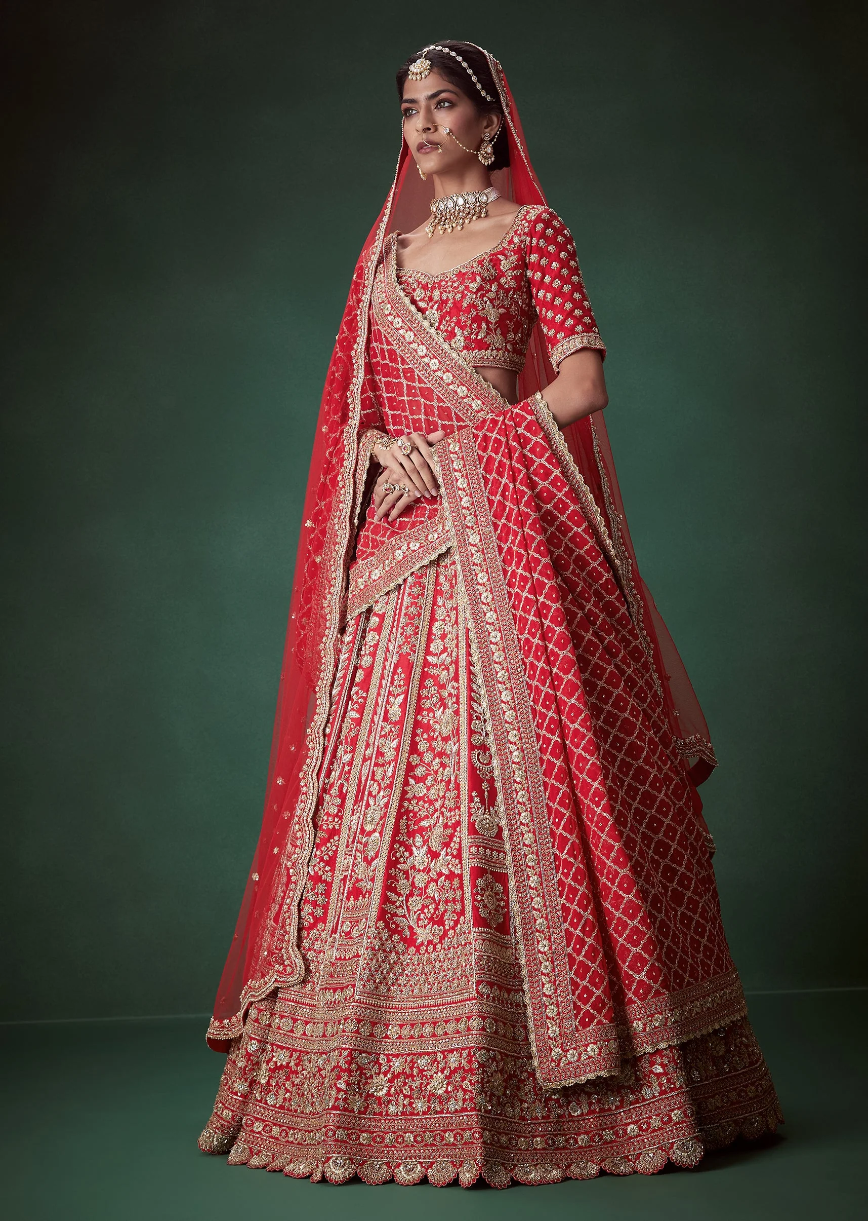 Red Heavy Zari Embellished Bridal Lehenga Set - Image 4