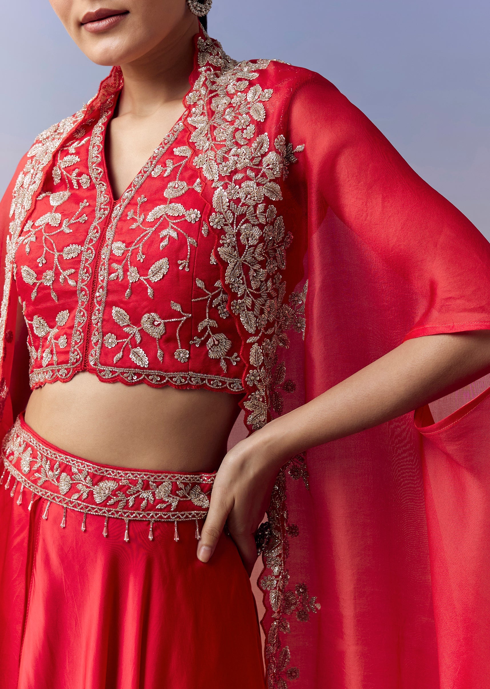 Red Indo Western Crop Top Skirt Set With Cut Dana Work And Embroidered Cape - Image 2