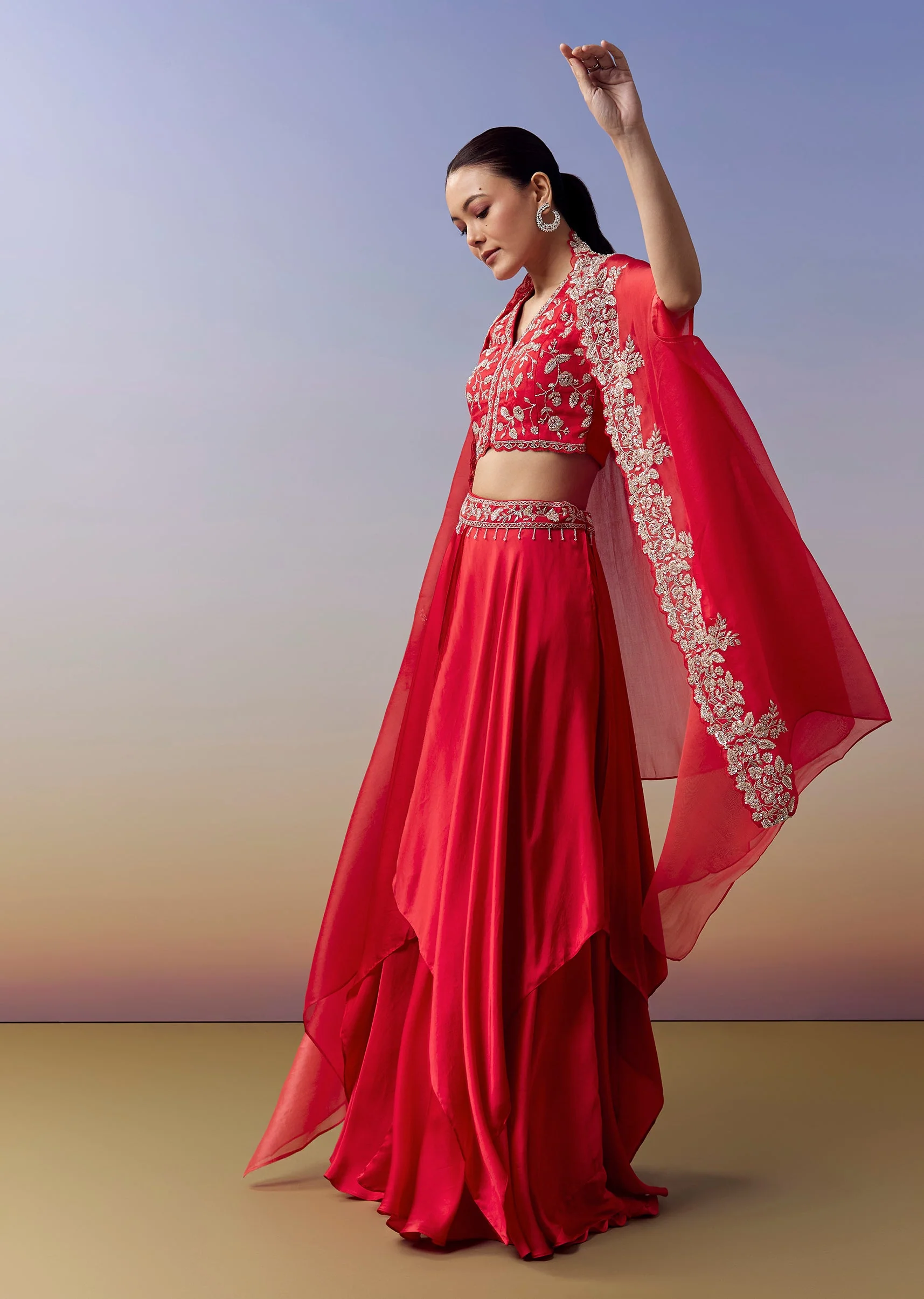 Red Indo Western Crop Top Skirt Set With Cut Dana Work And Embroidered Cape - Image 3