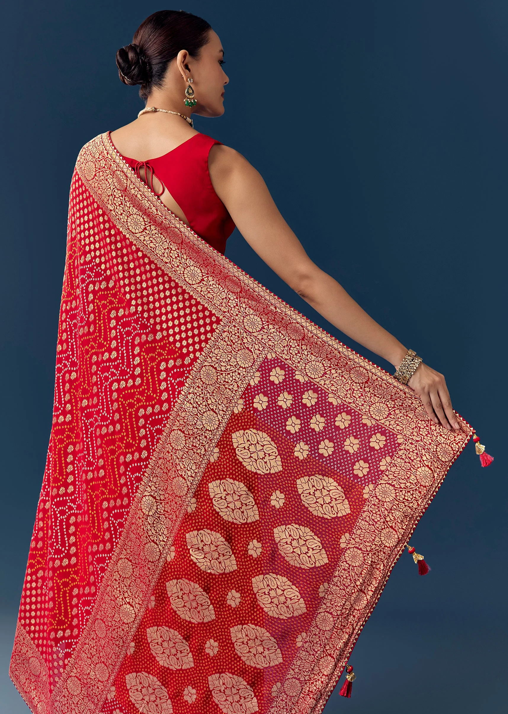 Red Khaddi Georgette Saree with Floral Weave And Bandhani Finish - Image 6