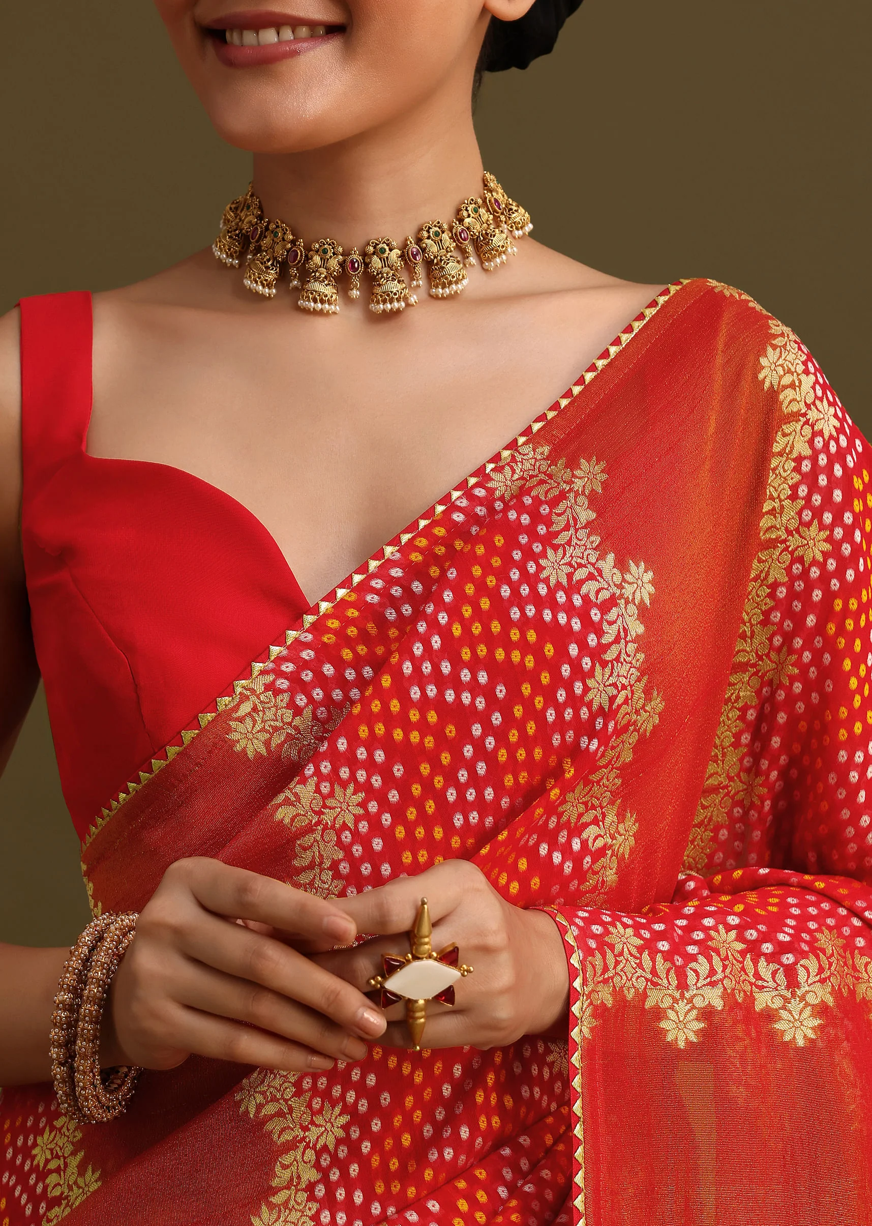 Red Khaddi Georgette Saree With Gotta Patti Border And Unstitched Blouse - Image 2