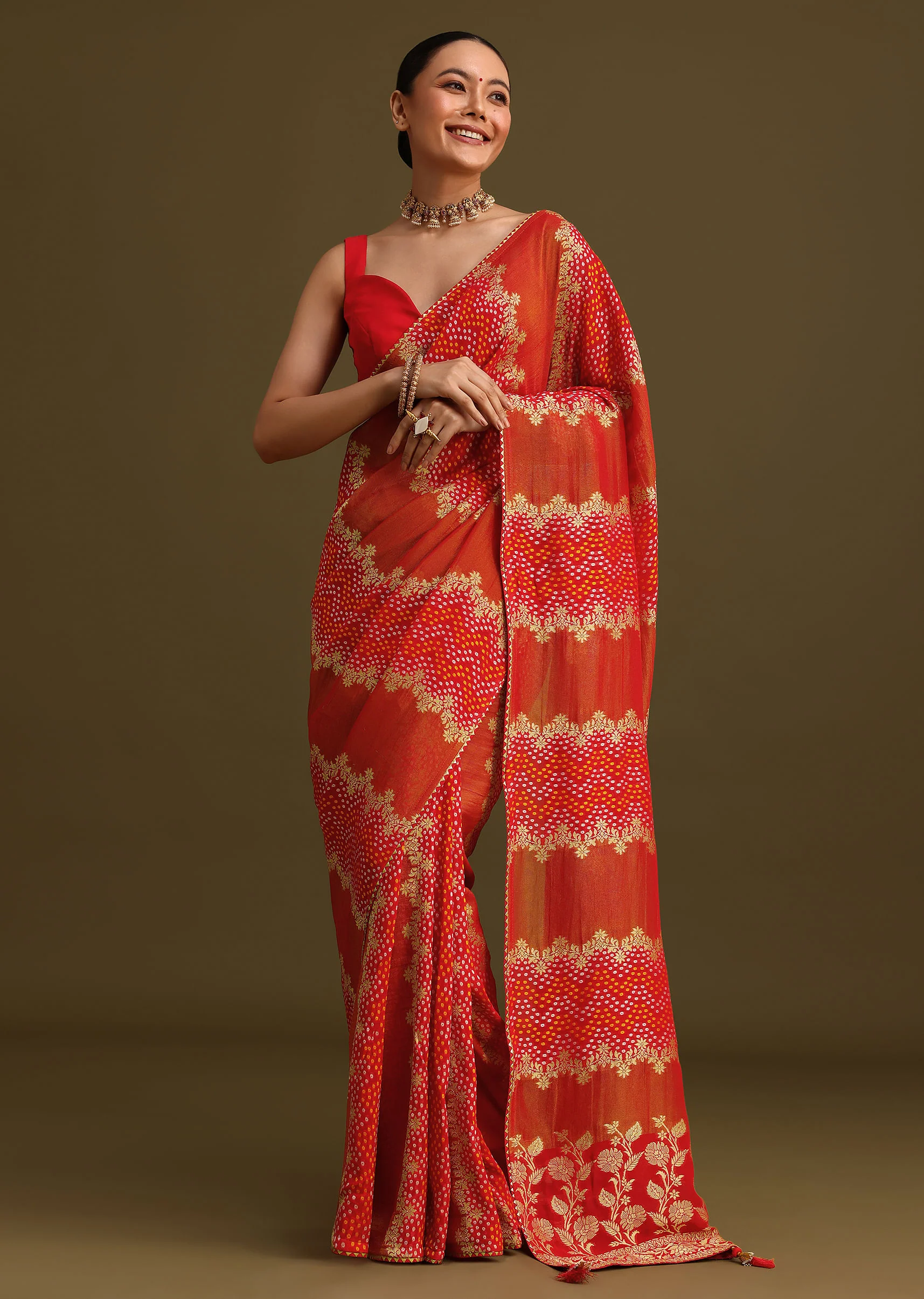 Red Khaddi Georgette Saree With Gotta Patti Border And Unstitched Blouse - Image 3