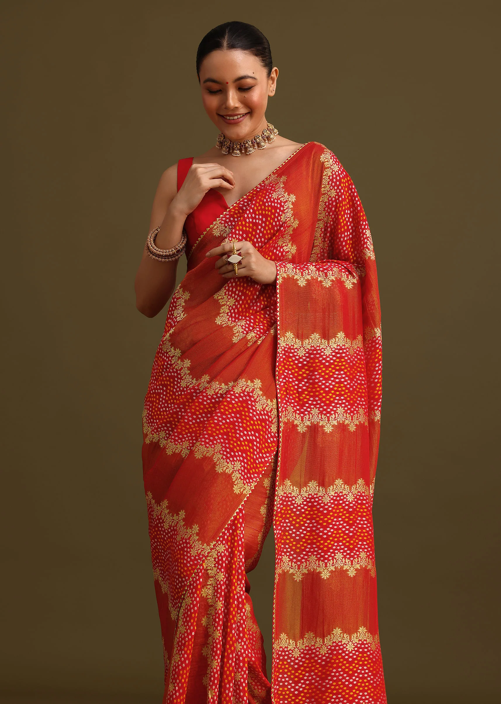 Red Khaddi Georgette Saree With Gotta Patti Border And Unstitched Blouse - Image 5