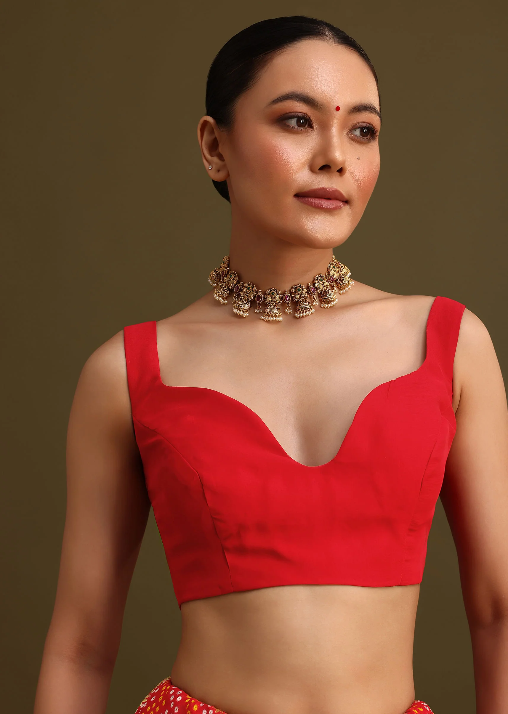 Red Khaddi Georgette Saree With Gotta Patti Border And Unstitched Blouse - Image 7