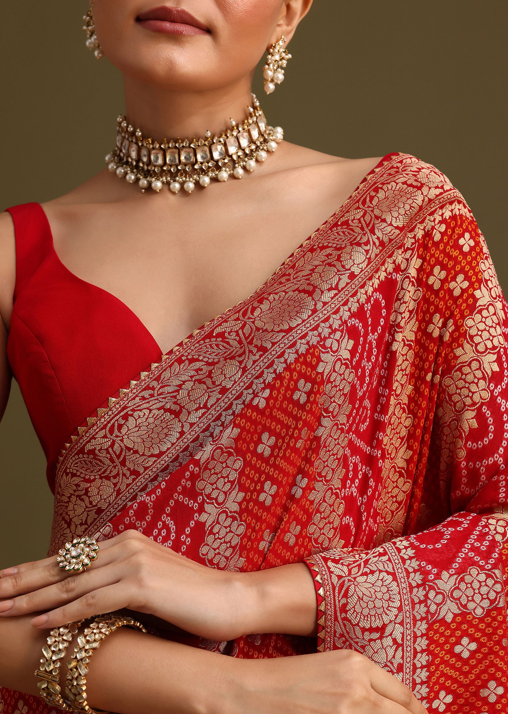 Red Khaddi Georgette Woven Saree With Gotta Patti Border - Image 2