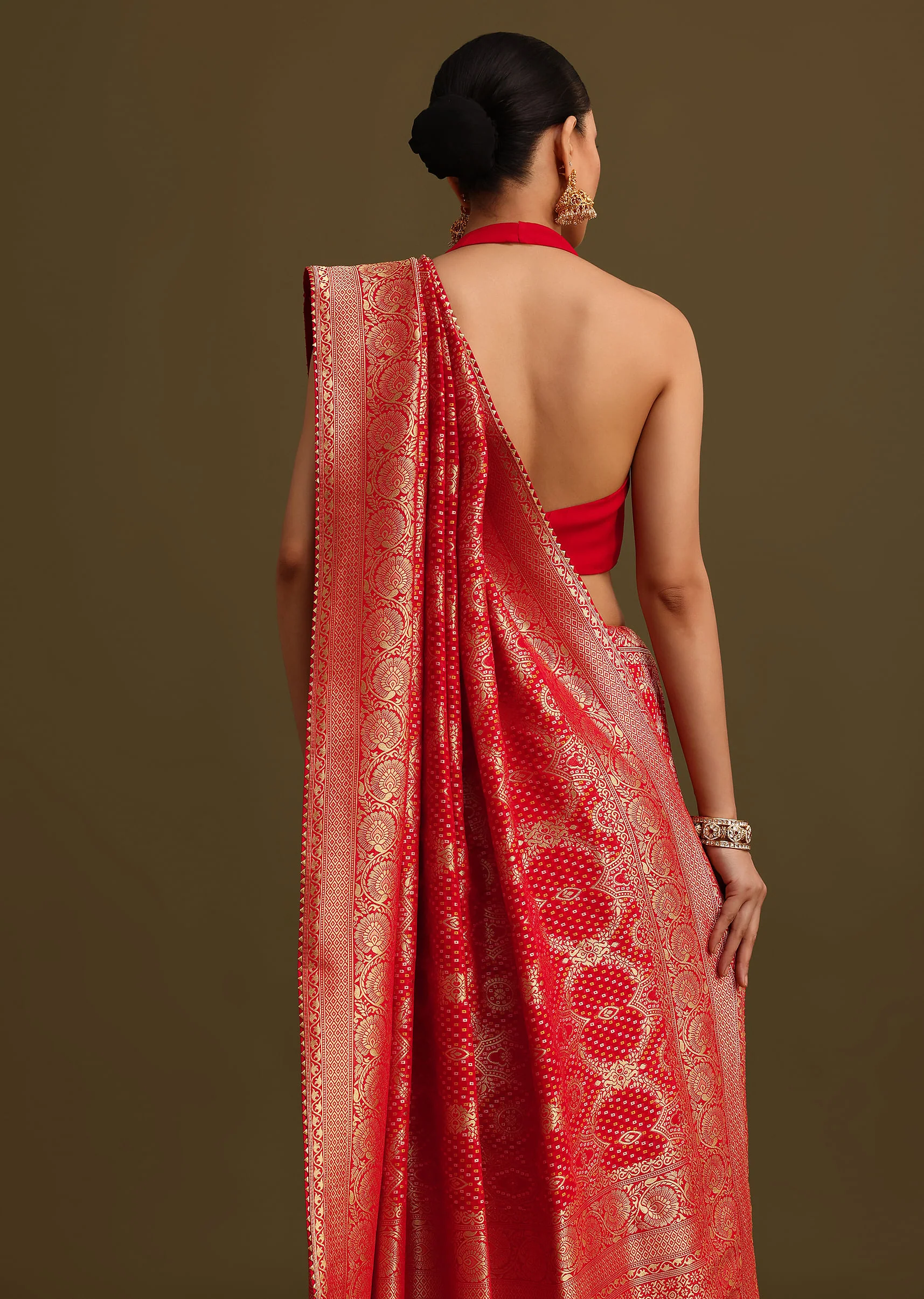Red Khaddi Georgette Zari Weave Saree With Unstitched Blouse - Image 4