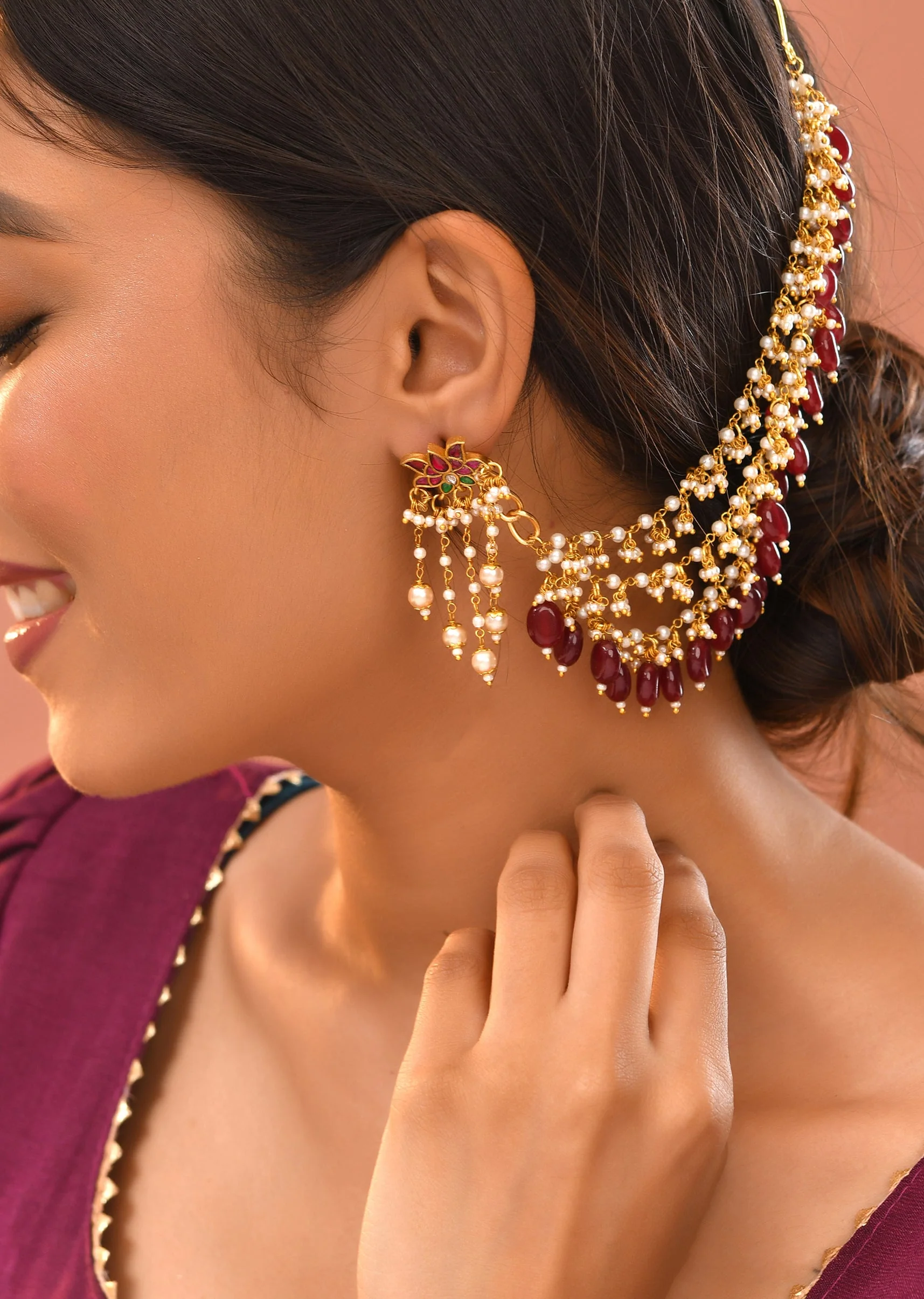 Red Kundan Bead Drop Earchain Set