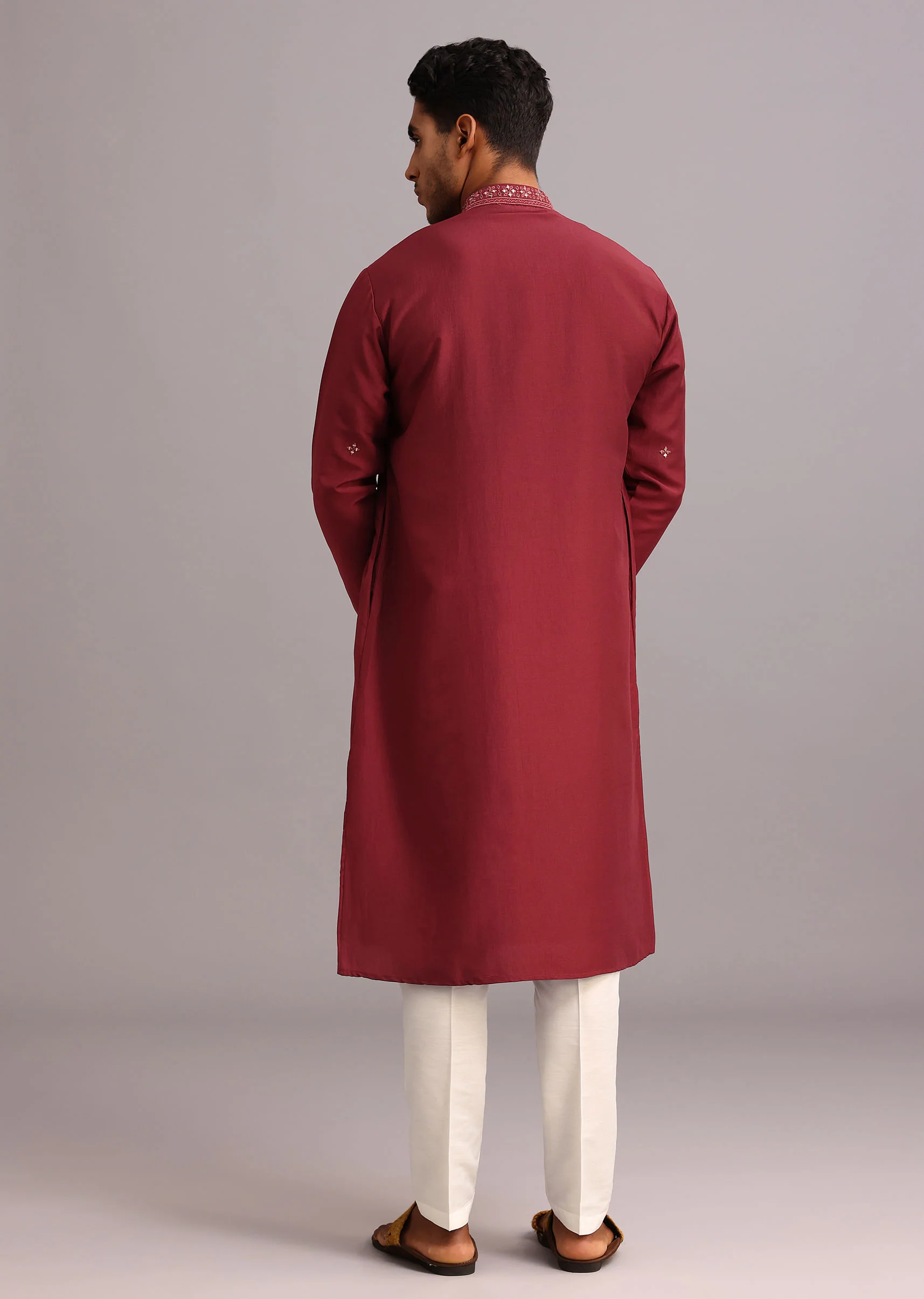 Red Kurta Pant Set In Silk With Mirror Work - Image 5