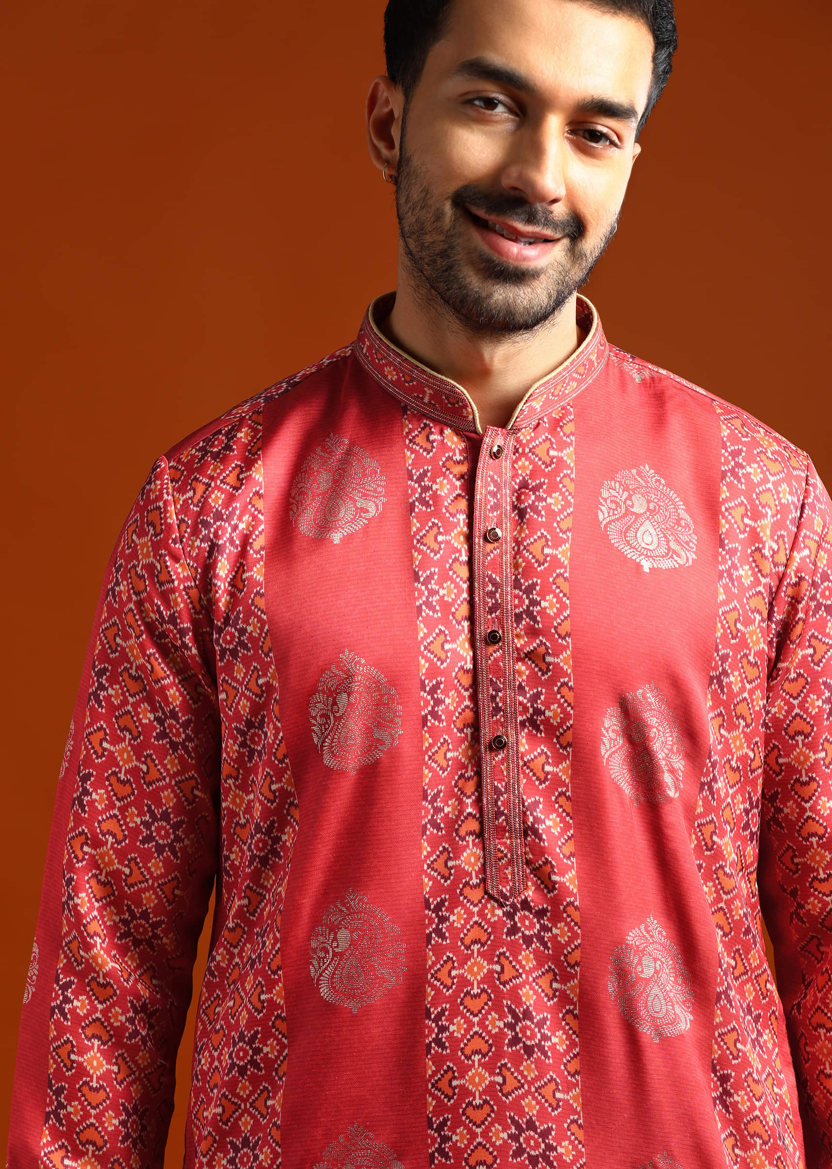 Red Kurta Set For Men With Ethnic Motif Work - Image 2