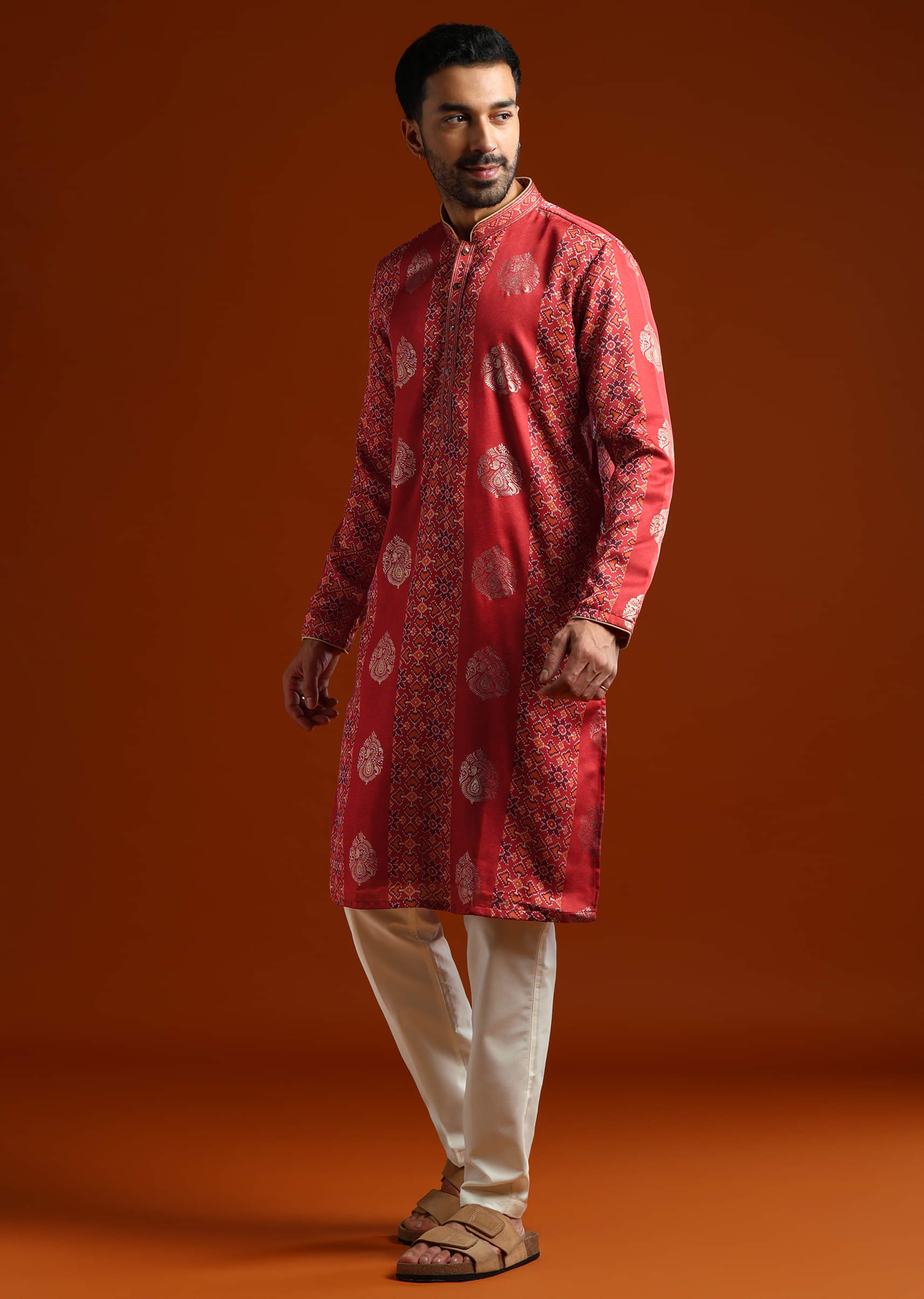 Red Kurta Set For Men With Ethnic Motif Work - Image 3
