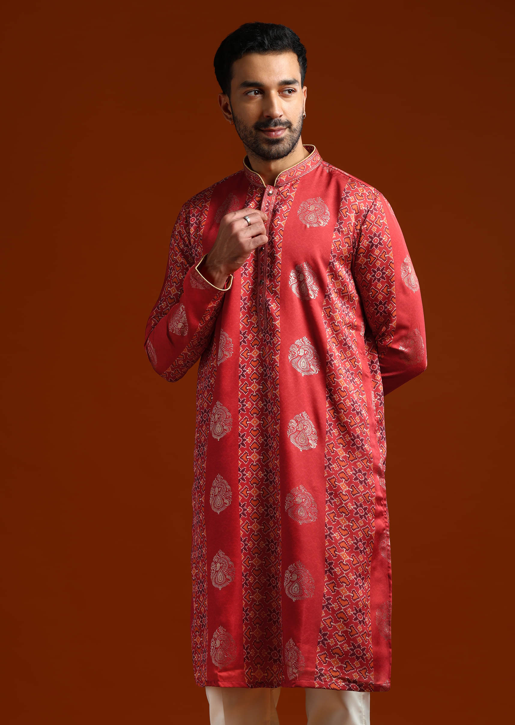 Red Kurta Set For Men With Ethnic Motif Work - Image 4