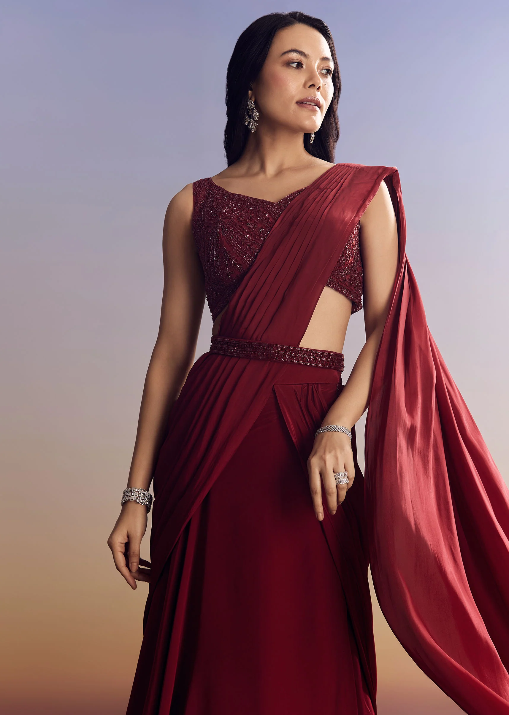 Red Lehenga Set With Cut Dana Blouse And Net Dupatta - Image 3