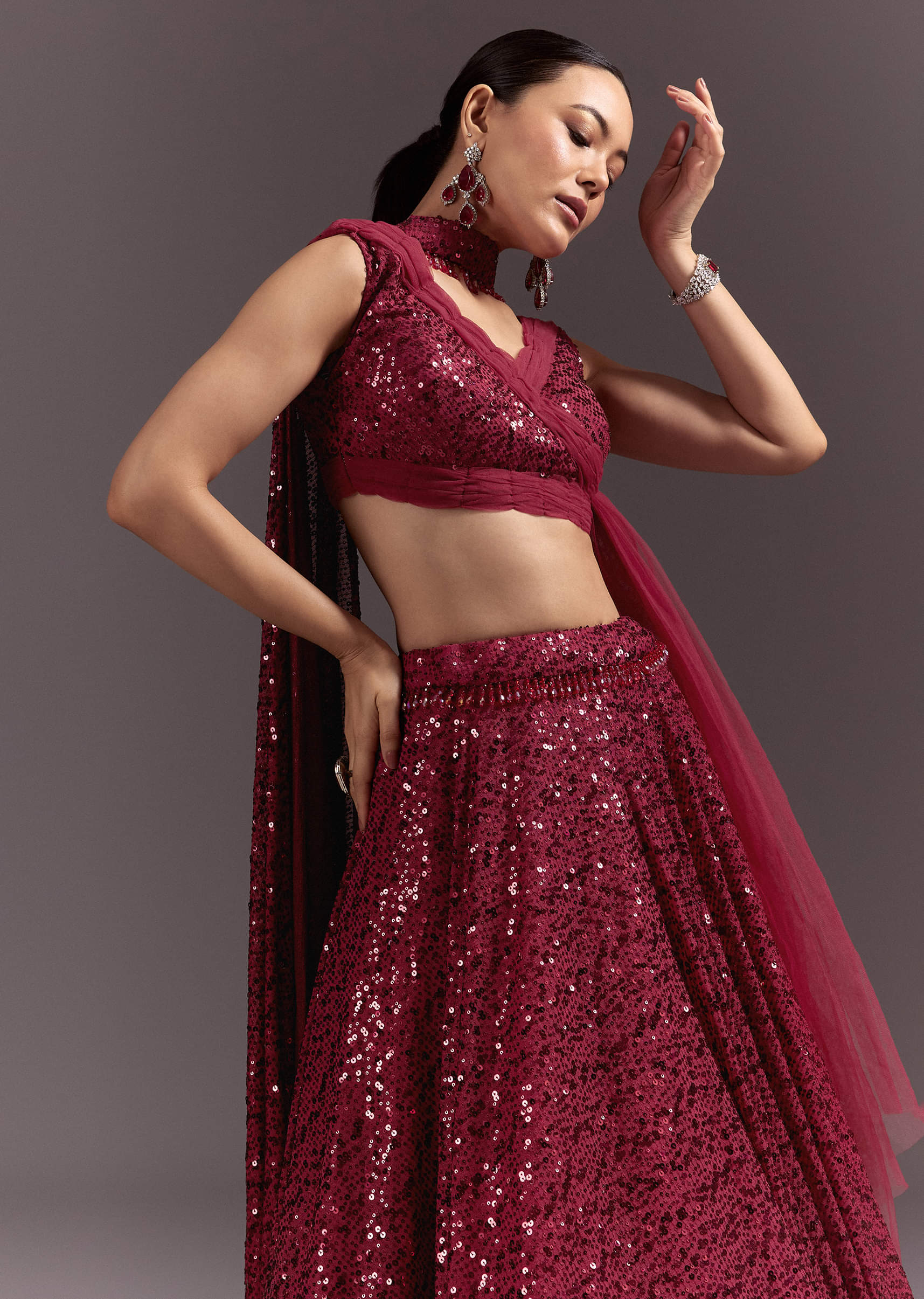Red Lehenga Set With Embellished Dupatta And Tassels - Image 2