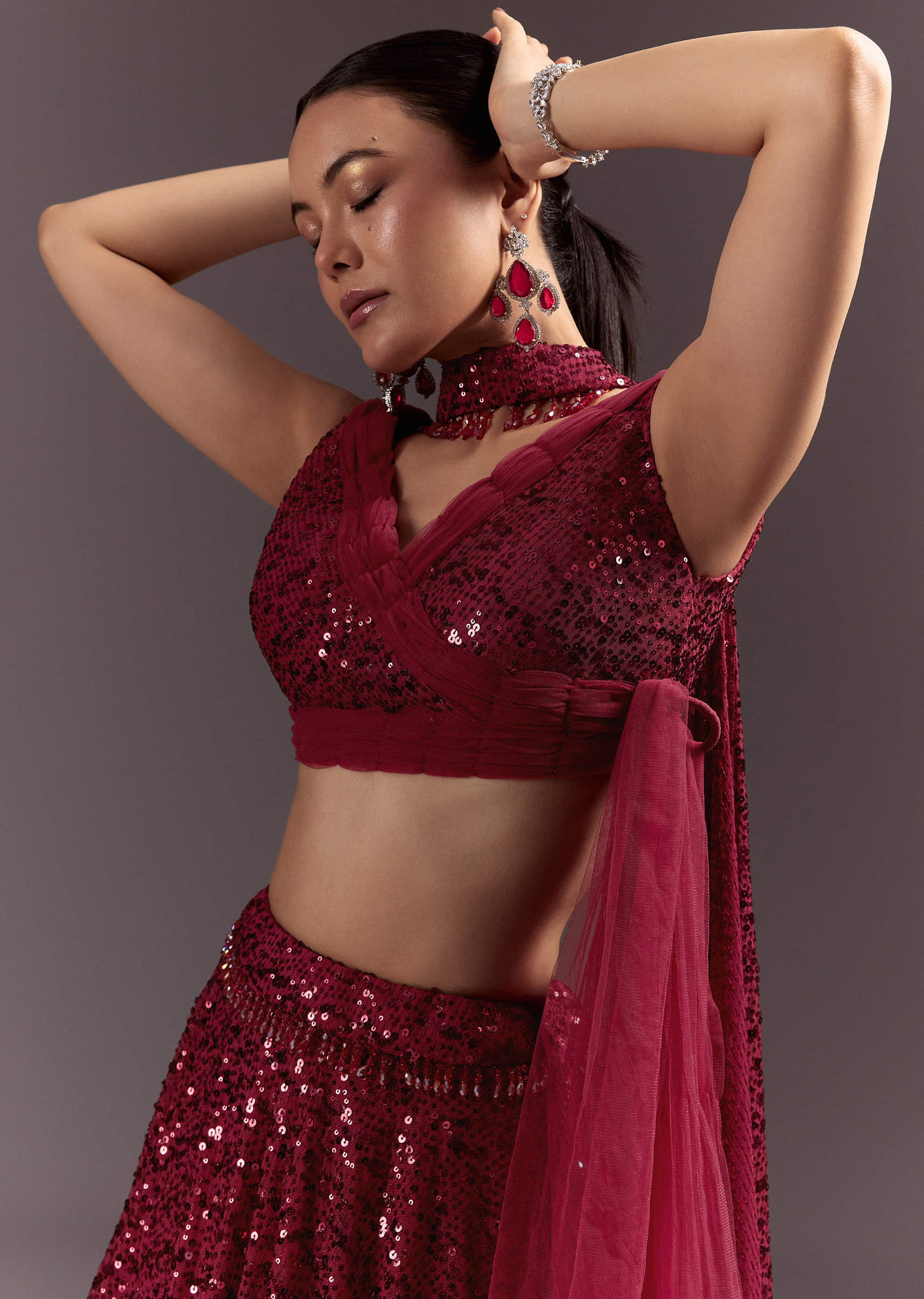 Red Lehenga Set With Embellished Dupatta And Tassels - Image 4