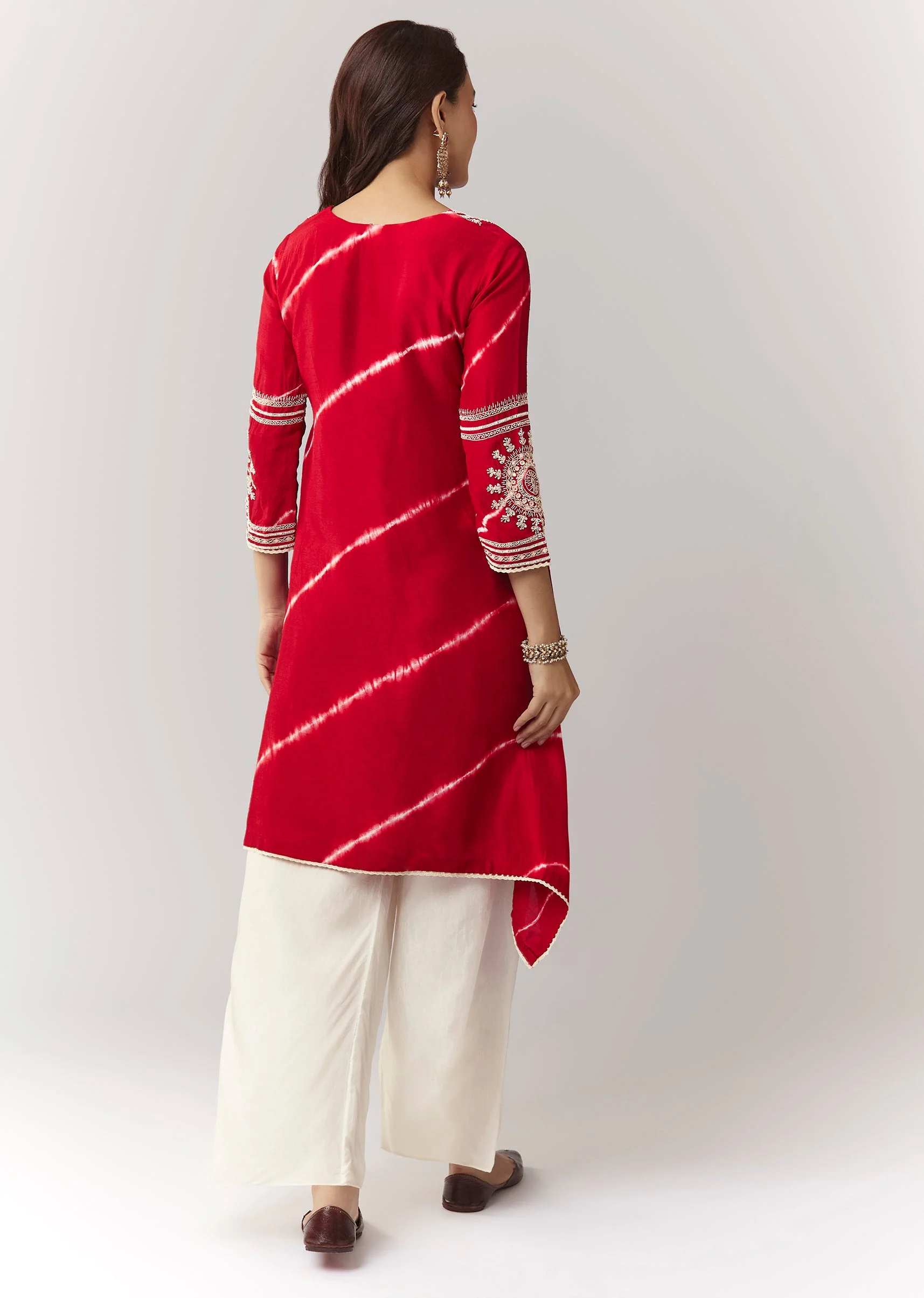 Red Leheriya A Line Kurta Palazzo Set With Zardosi And Moti Work - Image 5