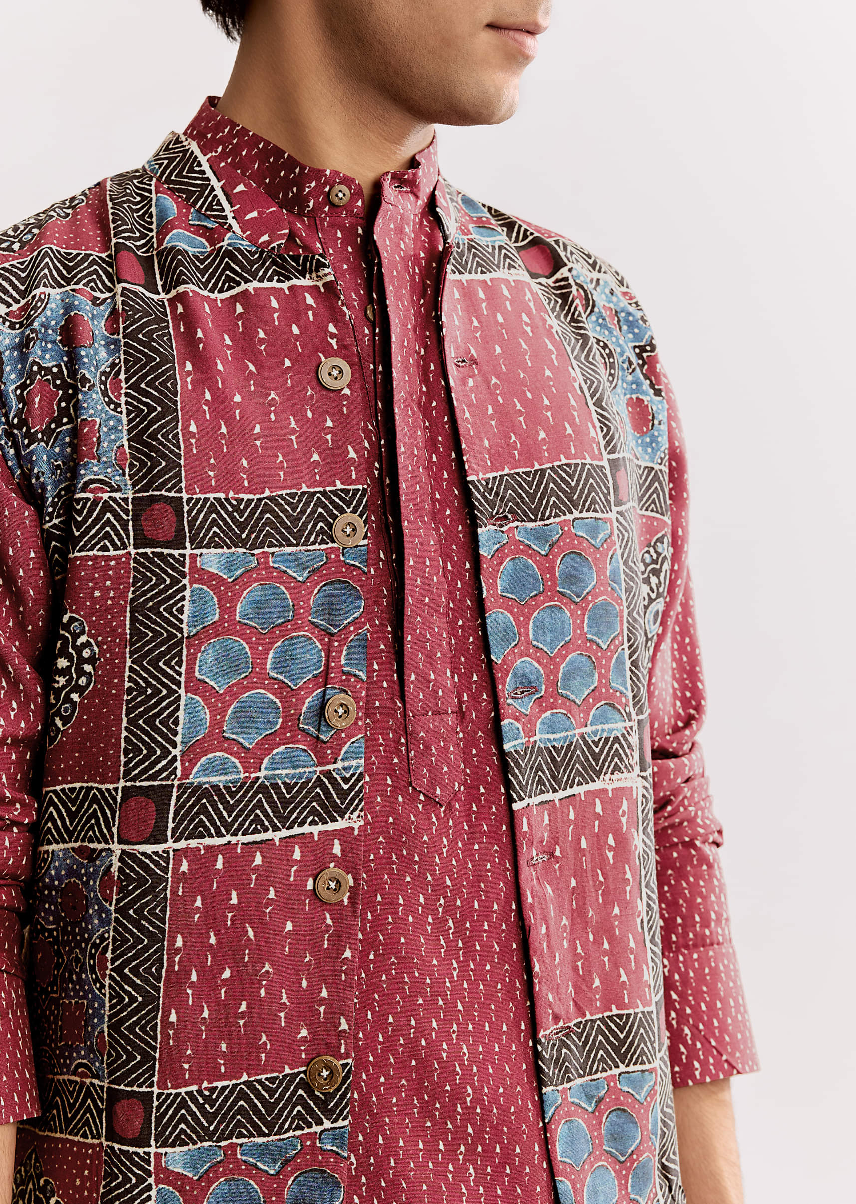 Red Linen Kurta Jacket Set With Ajrakh Print - Image 2