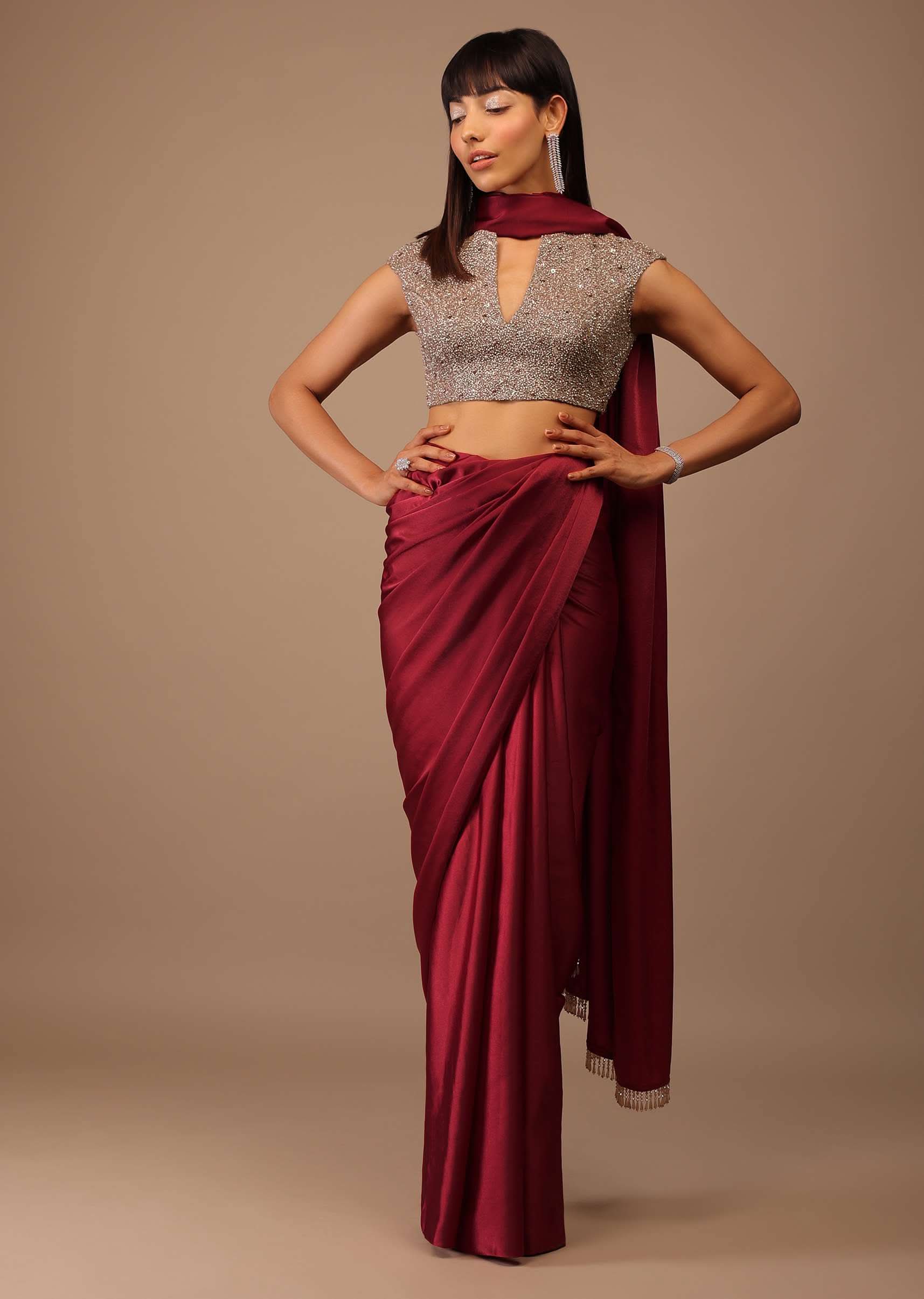 Valentine Red Milano Satin Saree With V Neck Hand Embroidered Crop Top - Image 3