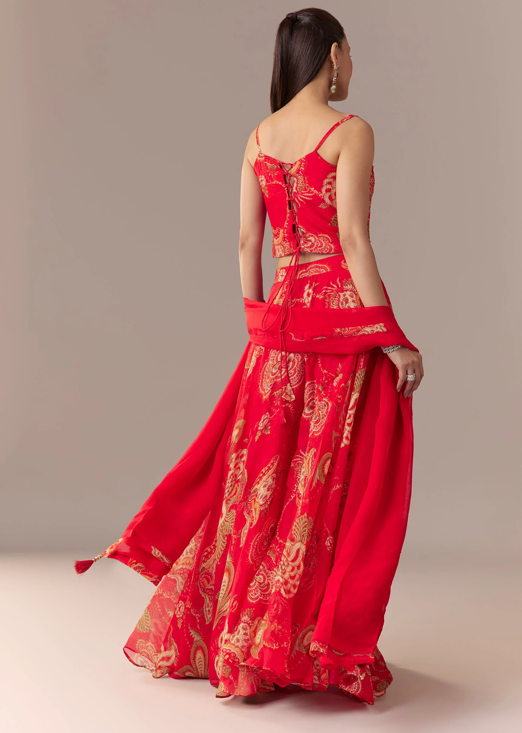 Red Mirror Work Corset Palazzo Set With Dupatta - Image 5