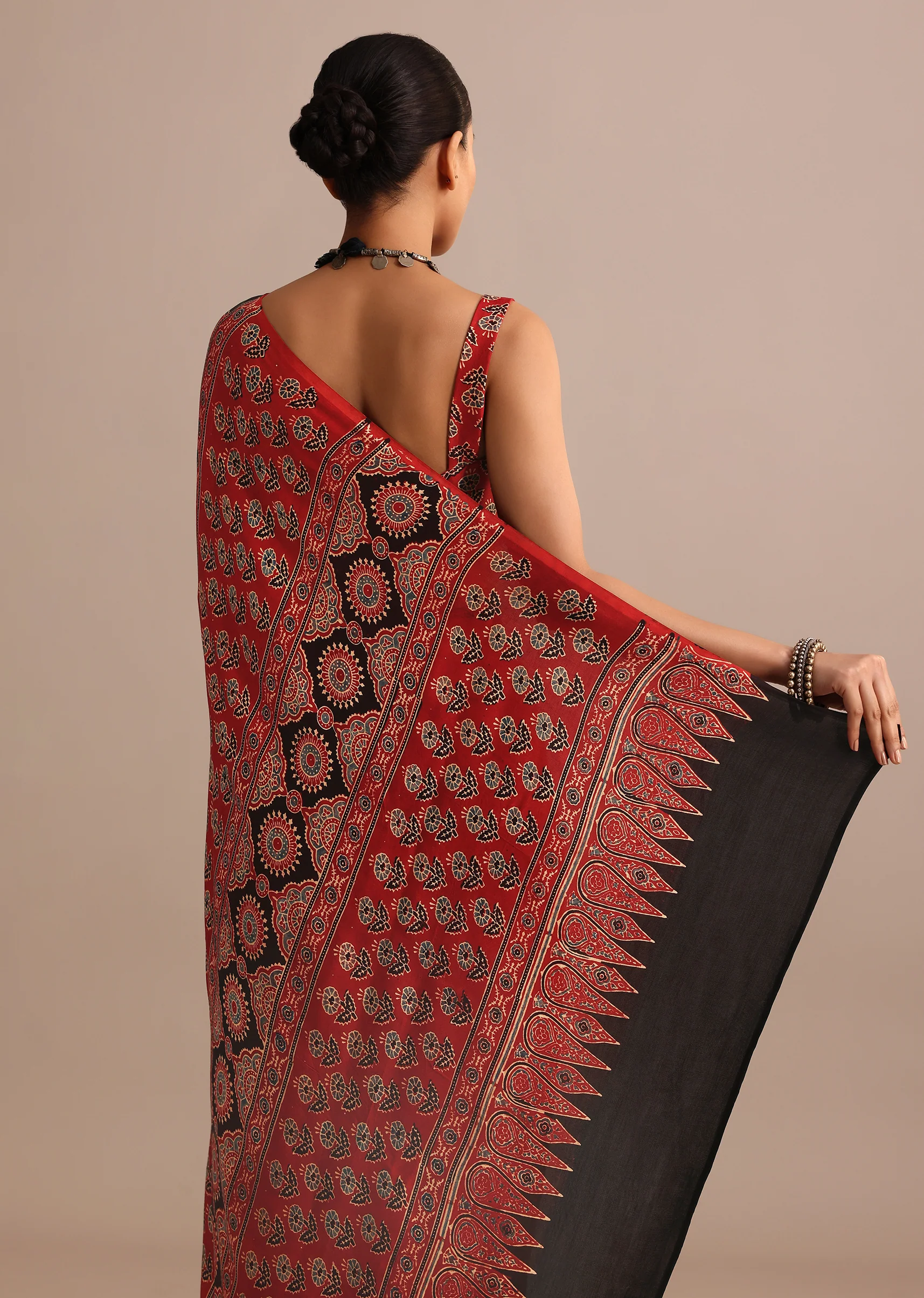 Red Modal Satin Ajrakh Handblock Printed Saree - Image 4