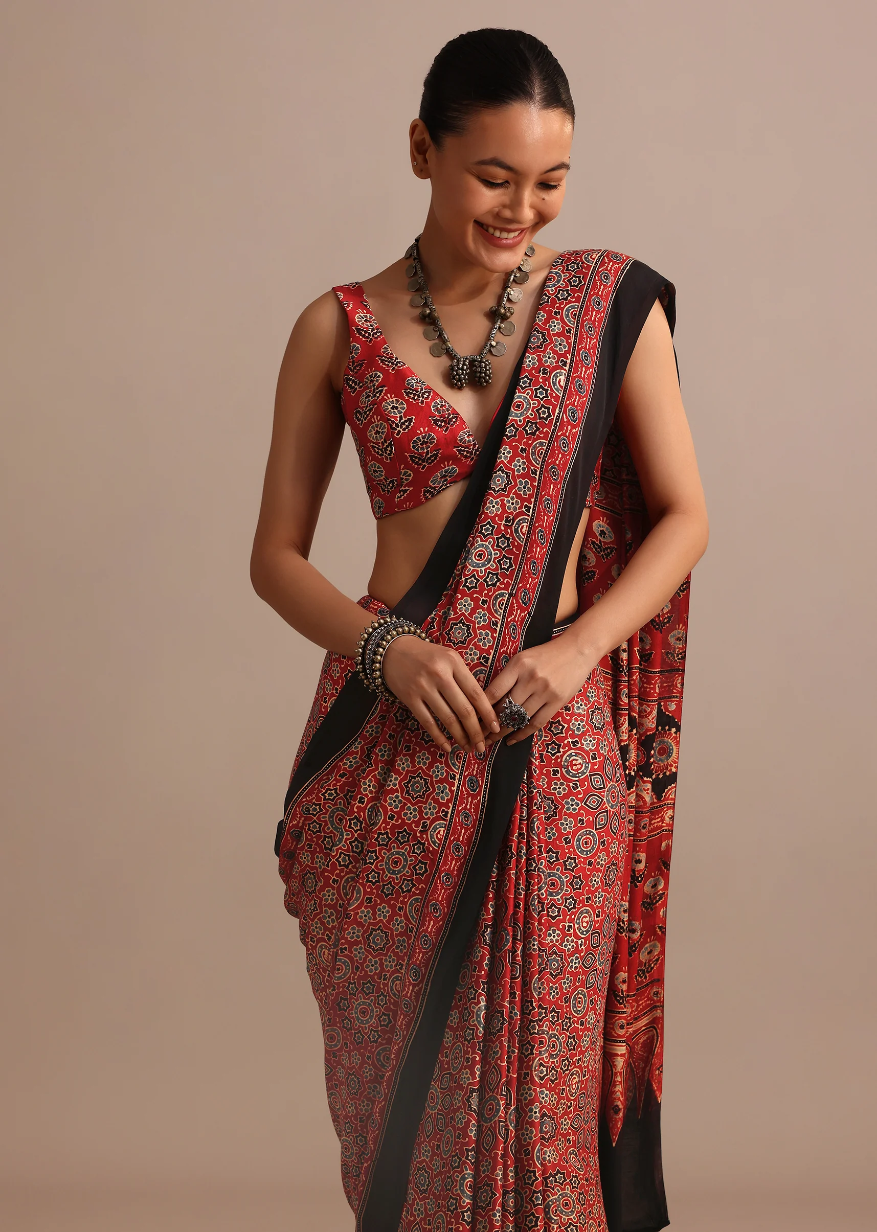 Red Modal Satin Ajrakh Handblock Printed Saree - Image 6