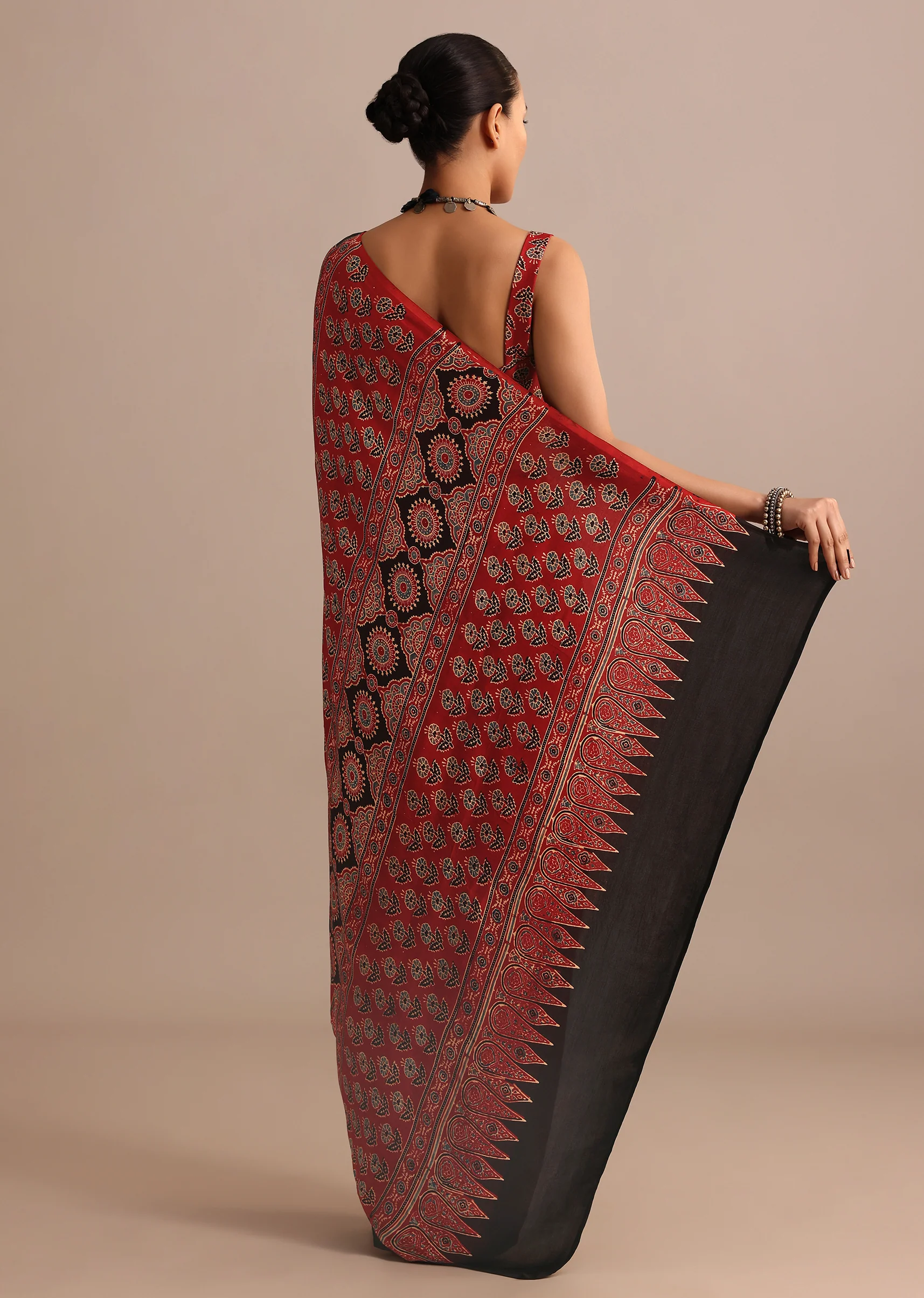 Red Modal Satin Ajrakh Handblock Printed Saree - Image 7