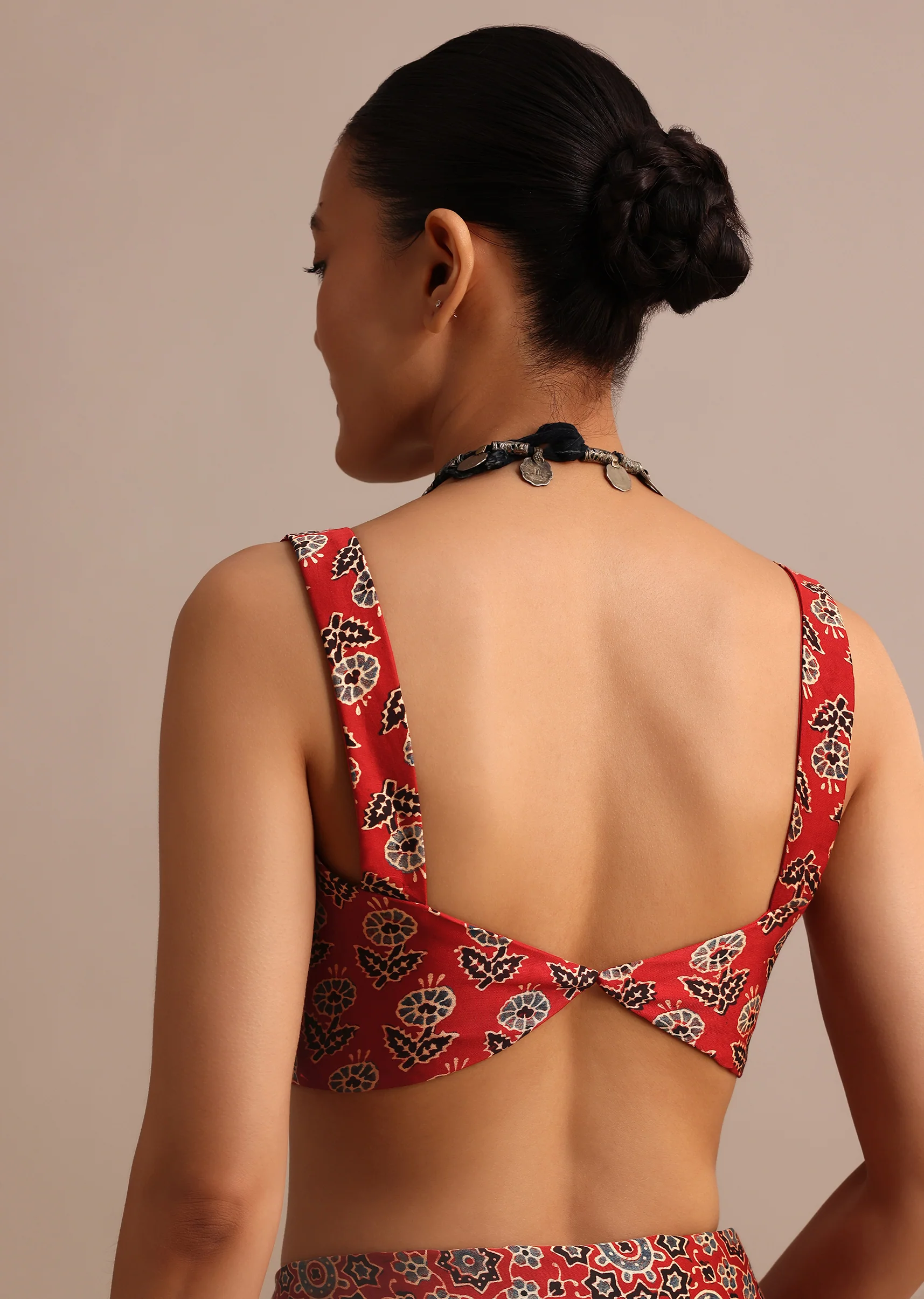 Red Modal Satin Ajrakh Handblock Printed Saree - Image 9