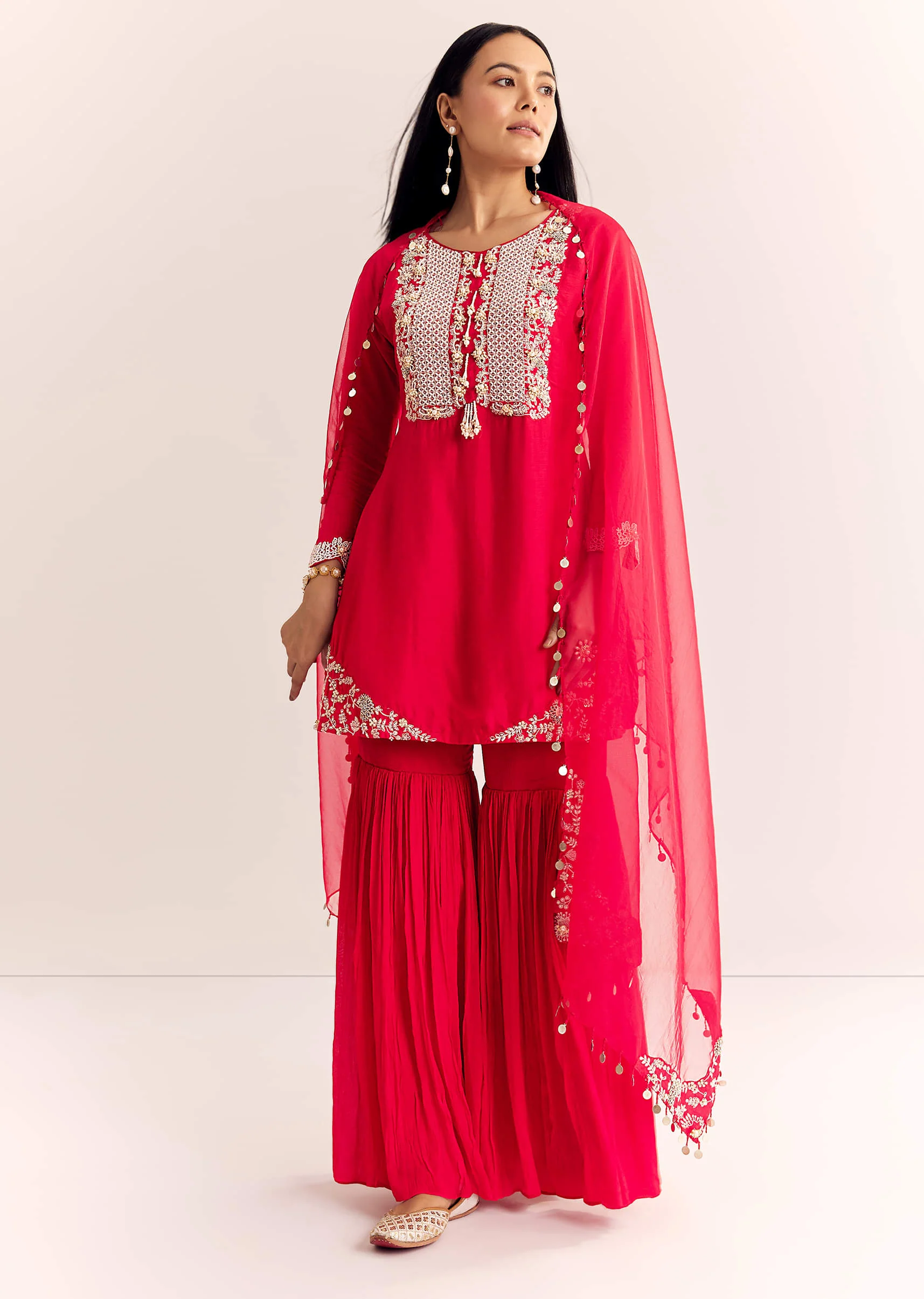 Red Moti Threadwork Dola Silk Sharara Suit With Organza Dupatta - Image 3