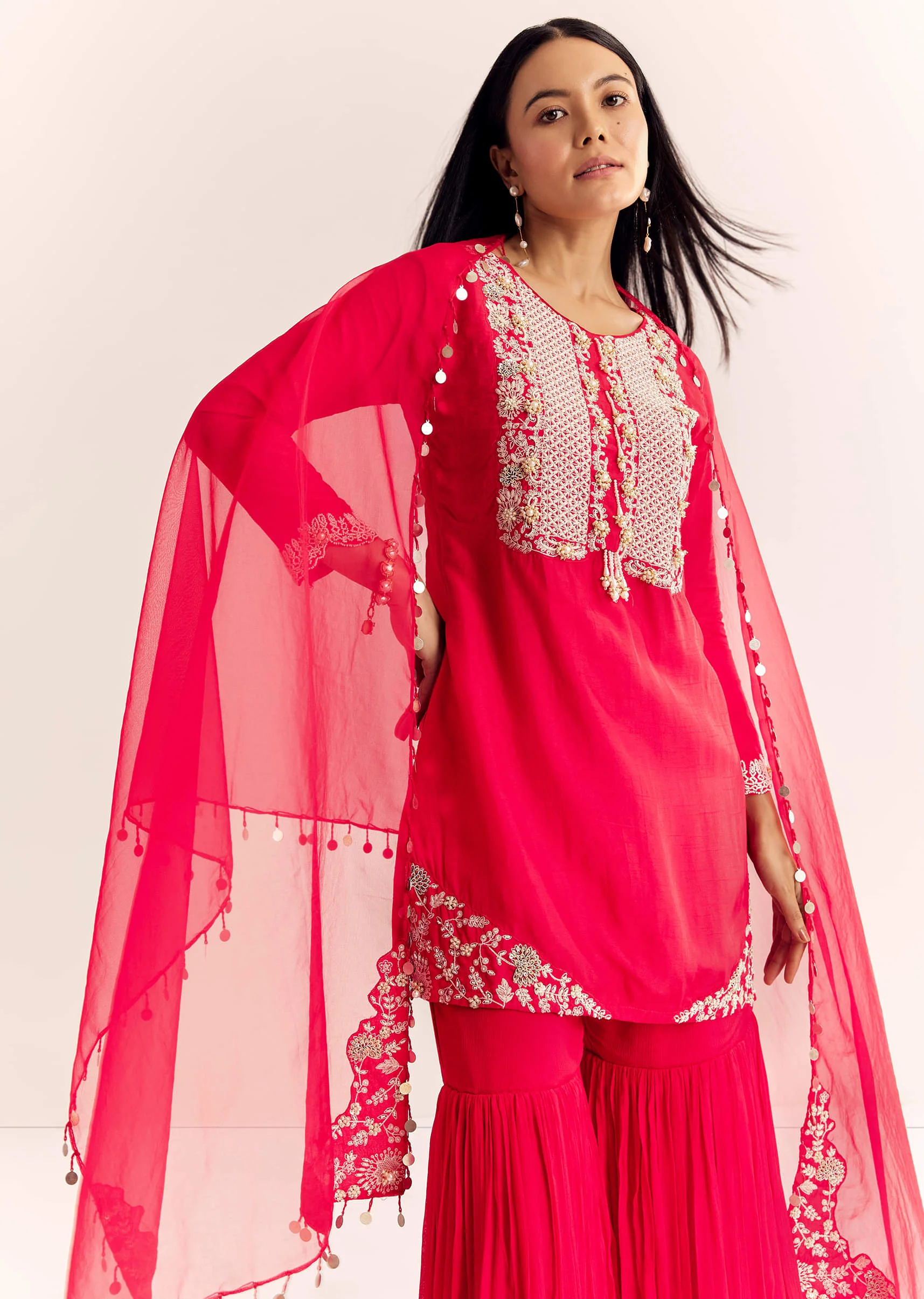 Red Moti Threadwork Dola Silk Sharara Suit With Organza Dupatta - Image 4