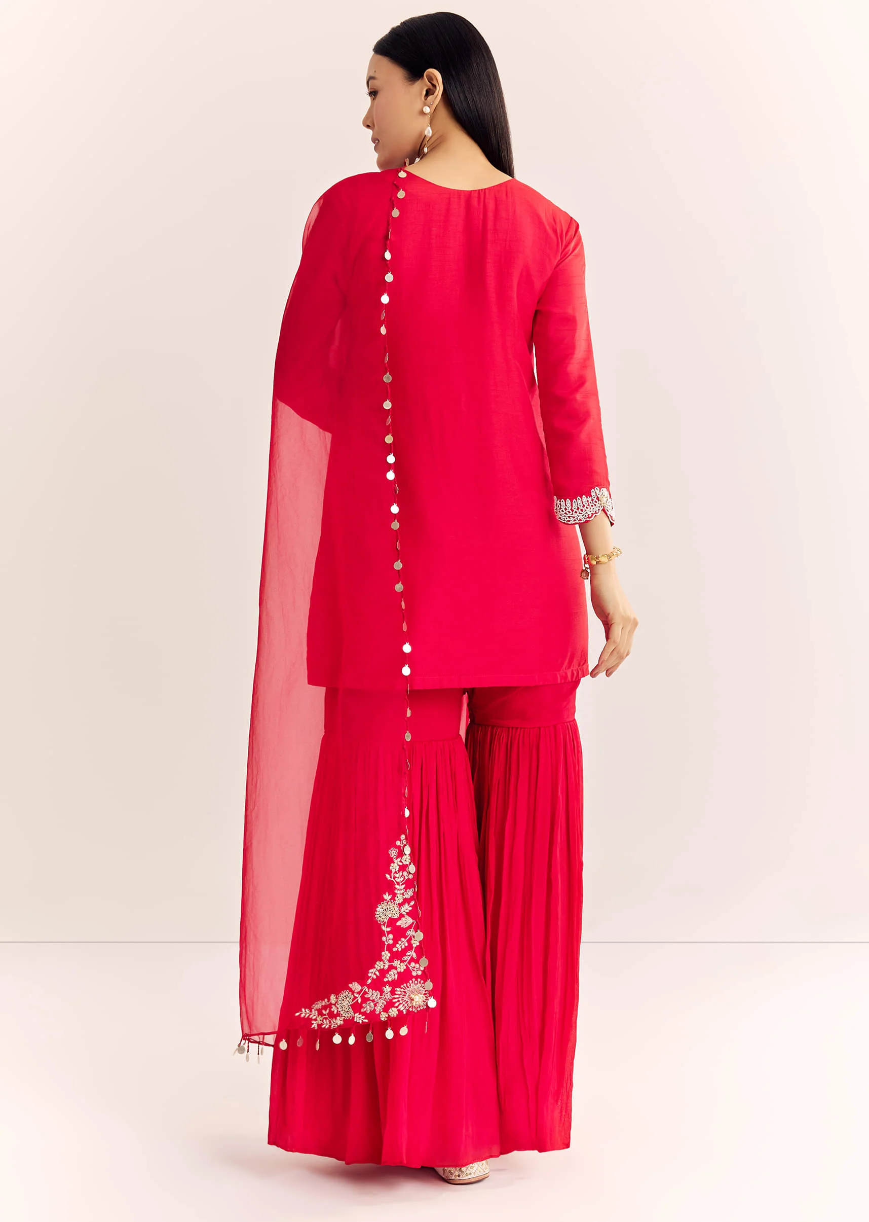 Red Moti Threadwork Dola Silk Sharara Suit With Organza Dupatta - Image 5